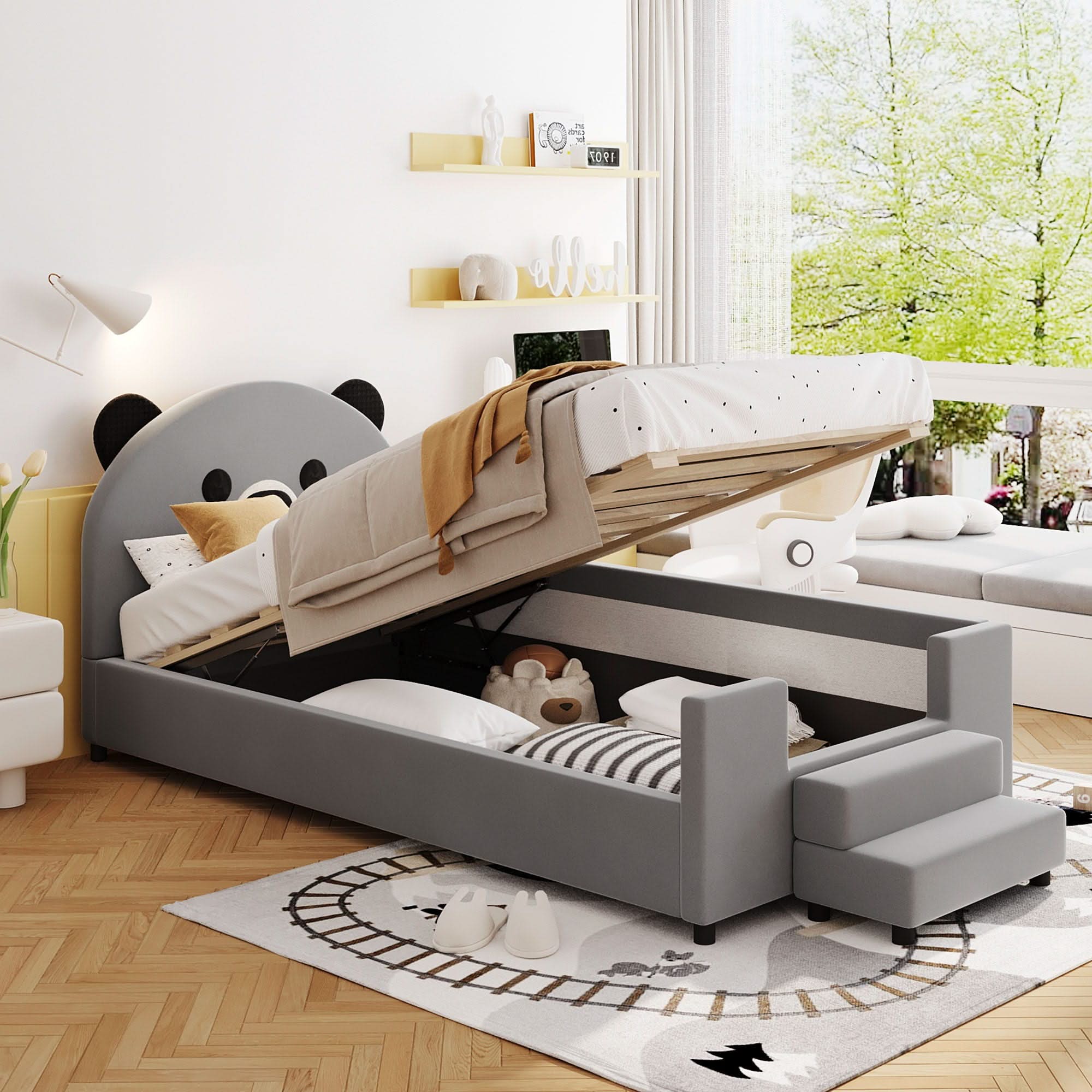 Upholstered Daybed With Bear Shaped Headboard, Hydraulic System And Breathable Fence