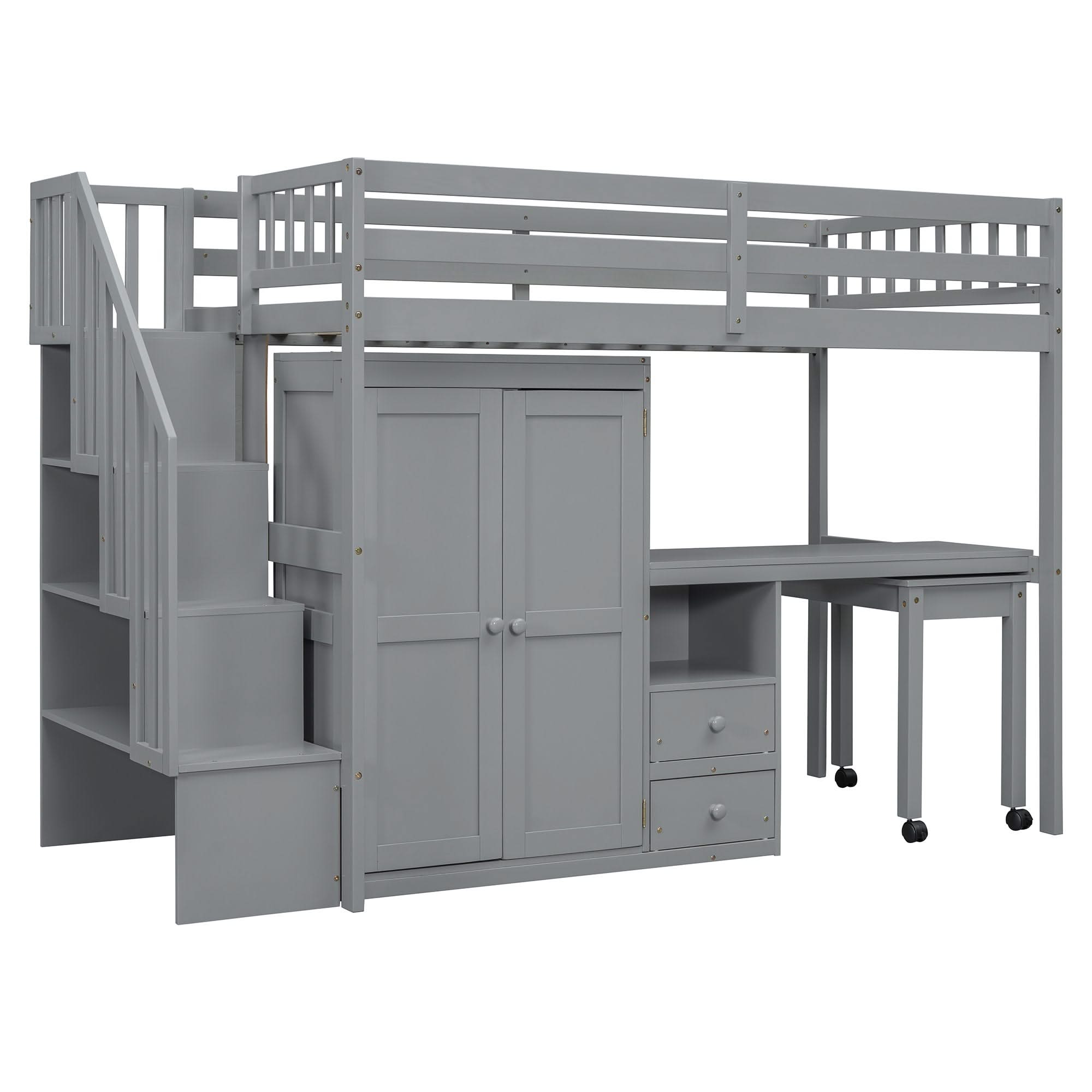 Loft Bed With Stairs, Bookshelf, Drawers, Desk & Wardrobe, Space Saving Multifunctional Furniture