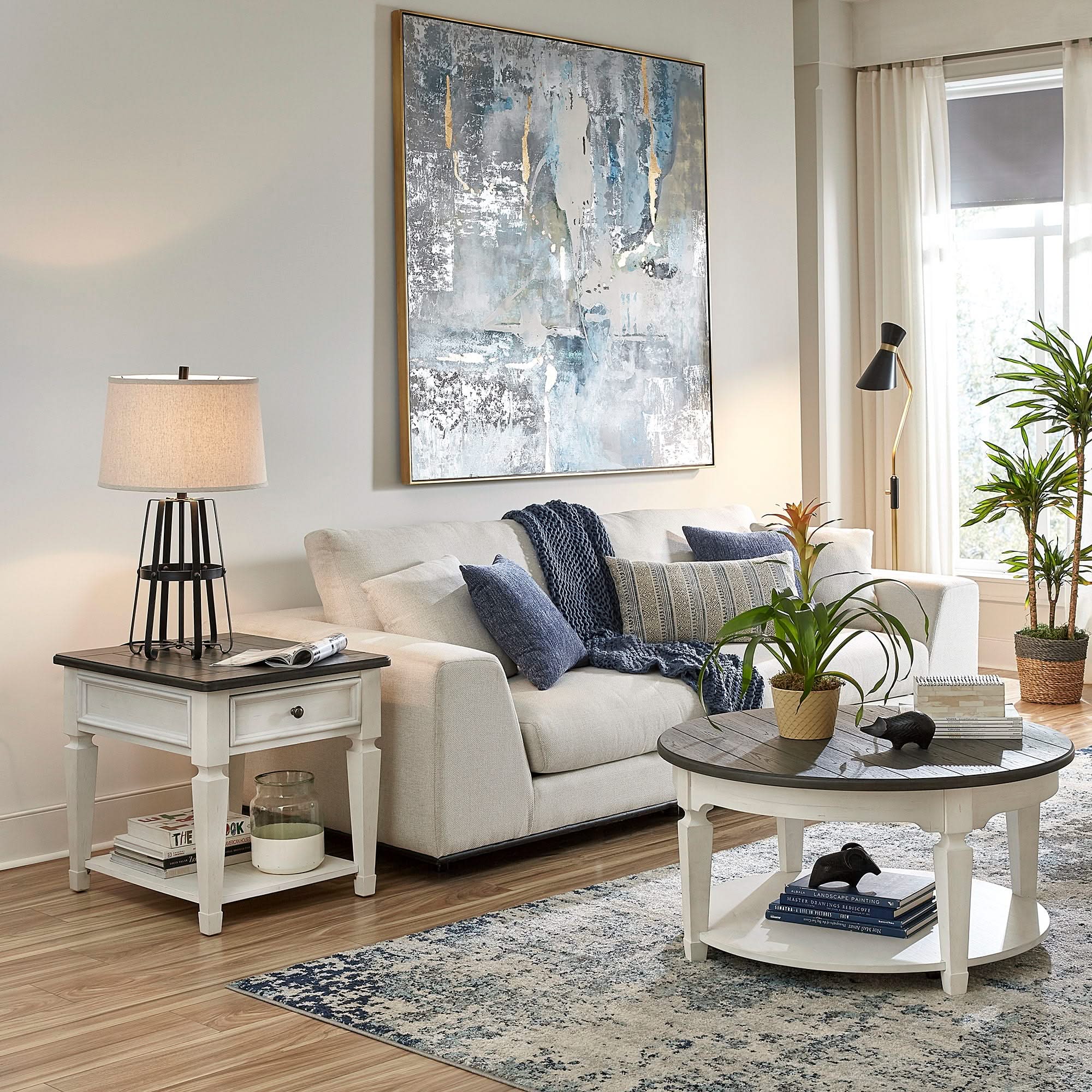 Allyson Park - 3 Piece Living Room Set (Round Cocktail Table) - Wirebrushed White / Charcoal
