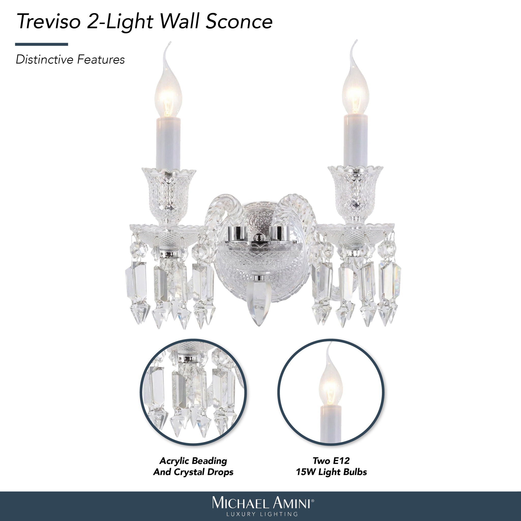 Michael Amini Lighting - Treviso 2-Light Traditional Crystal Wall Sconce - Clear