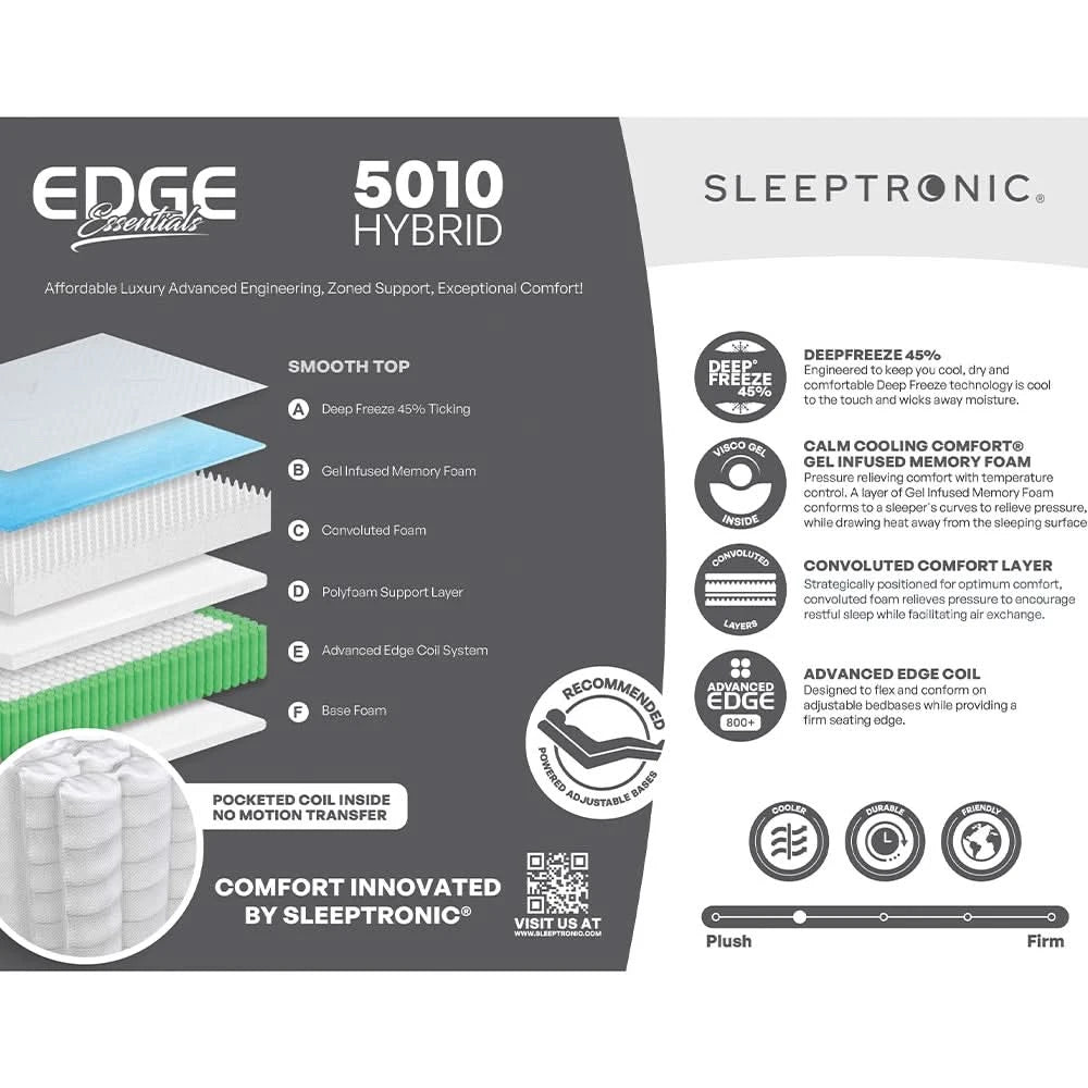 Edge® Essentials S5010 Hybrid Plush Split Head Mattress with Cooling Comfort and Adjustable Support