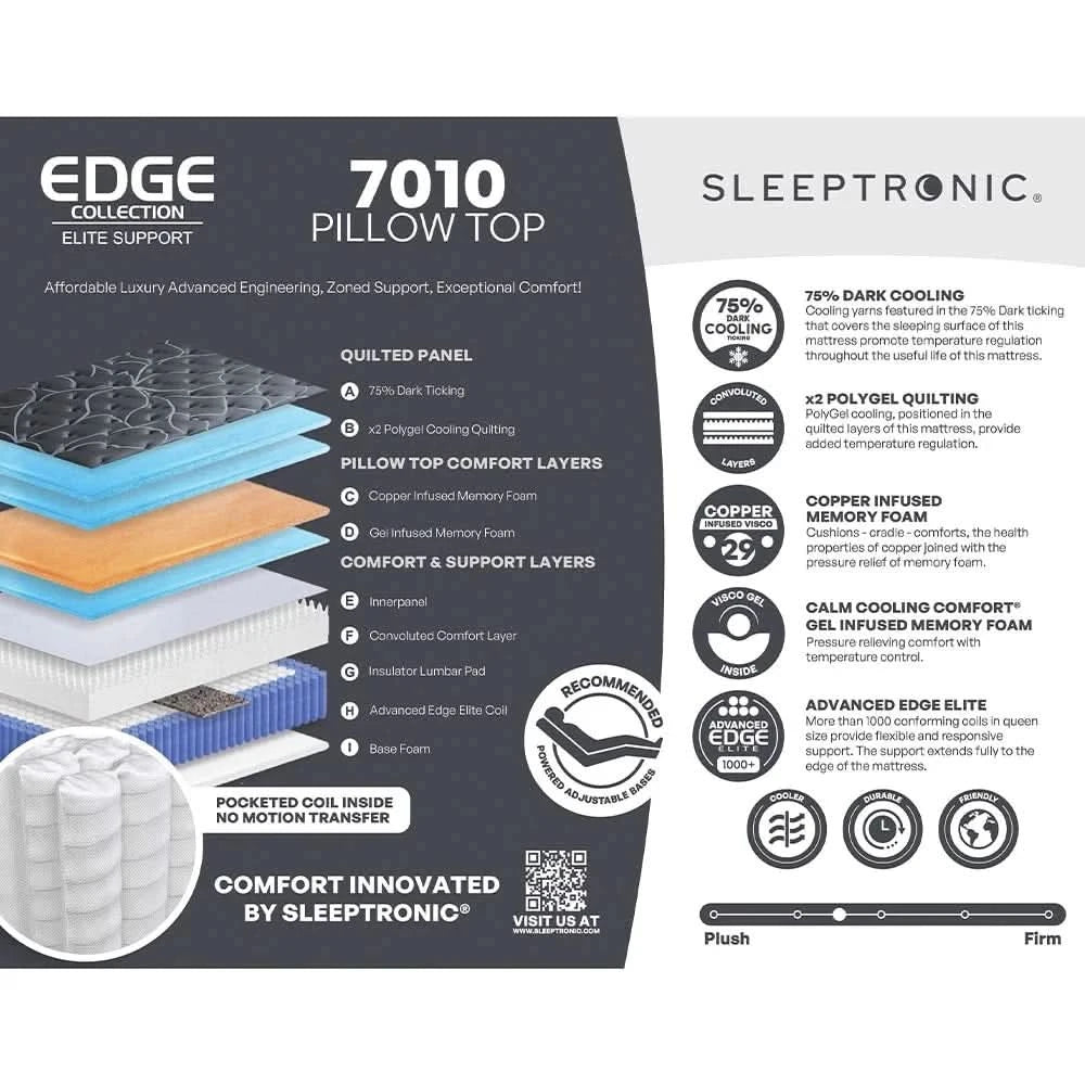 Edge 7010 Pillow Top Mattress and Adjustable Base Sleep Package with Sheets, Protector & Pillow