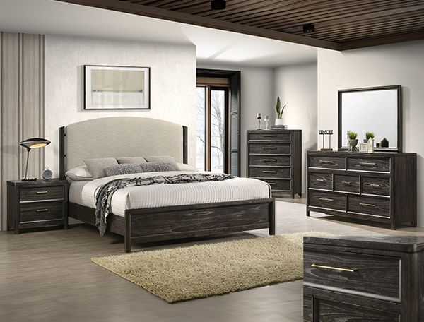 Avalon Brown Modern Bedroom Set with Upholstered Bed, Dresser and Mirror