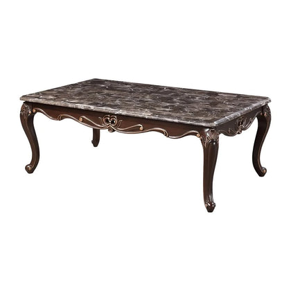 Esther Traditional Brown Marble Top Cocktail Table with Ornate Wood Carving