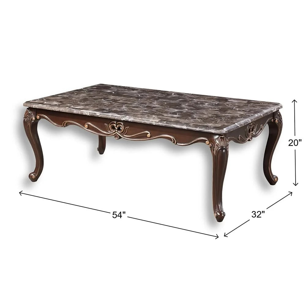 Esther Traditional Brown Marble Top Cocktail Table with Ornate Wood Carving