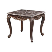 Esther Traditional Brown Marble Top End Table with Ornate Wood Carving