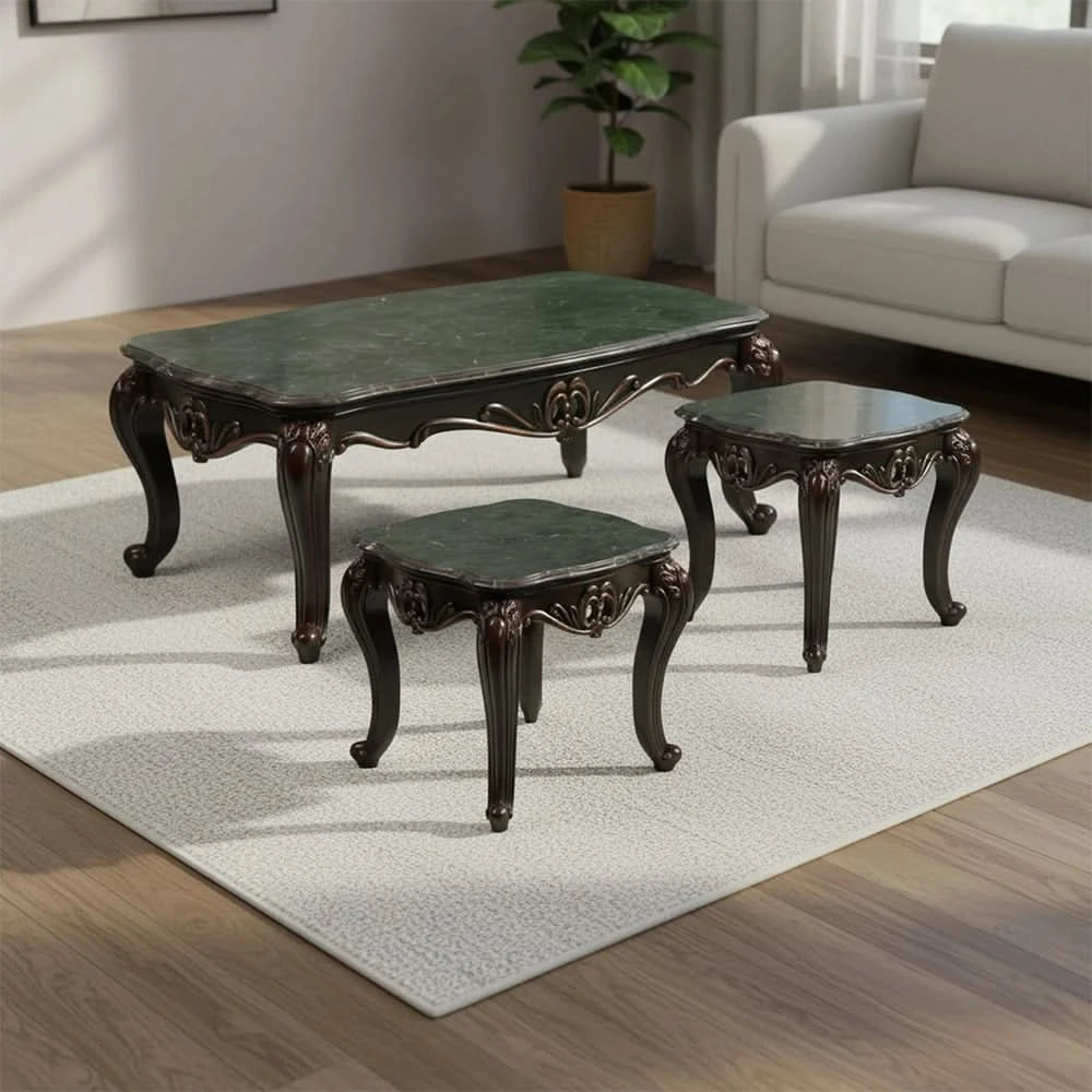 Esther Beige Traditional Sofa and Loveseat Living Room Package with Marble Top Table Set & Rug