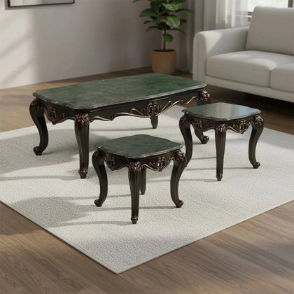 Esther Traditional Brown Marble Top 3-Piece Coffee Table Set with Ornate Wood Carving