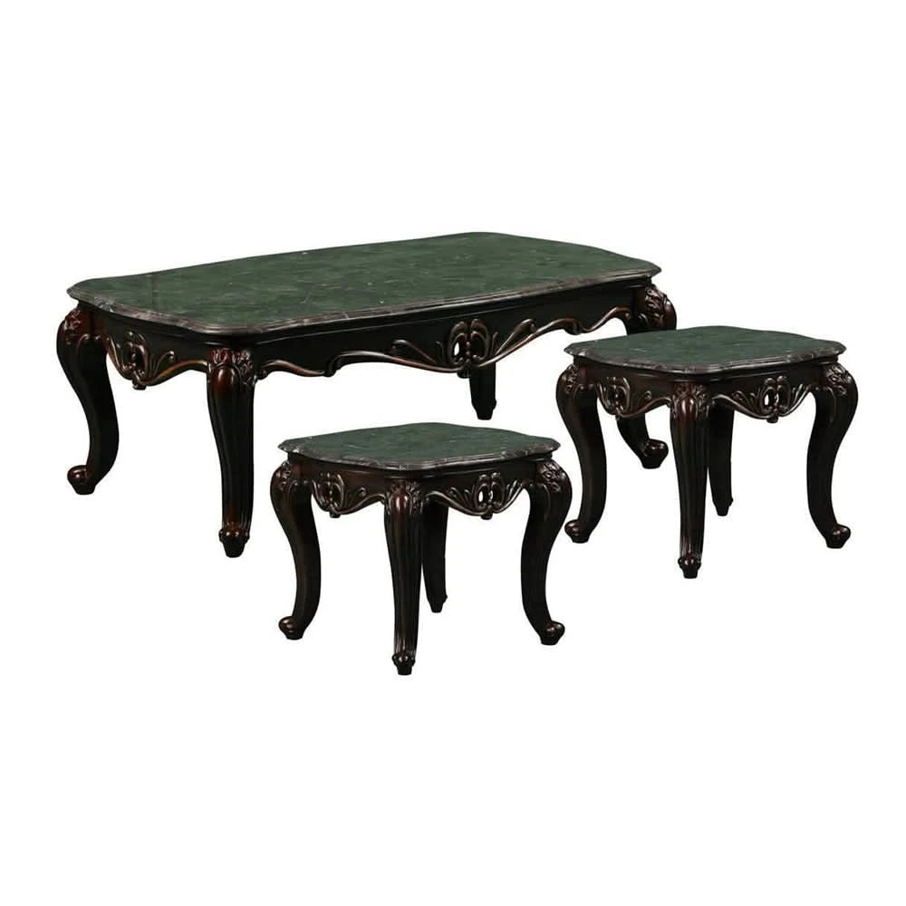 Esther Traditional Brown Marble Top 3-Piece Coffee Table Set with Ornate Wood Carving
