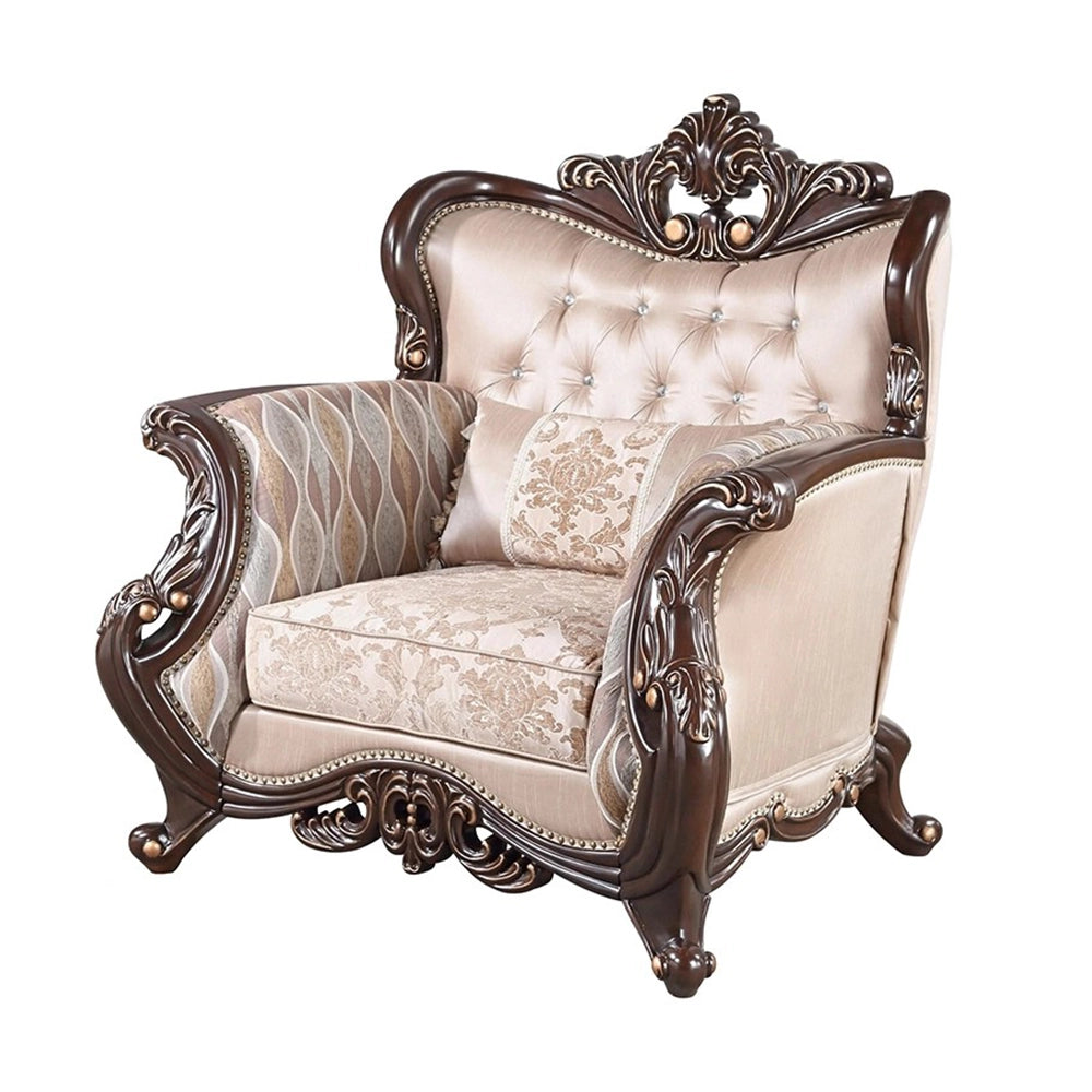 Esther Beige Traditional Accent Chair with Ornate Wood Trim and Tufted Back