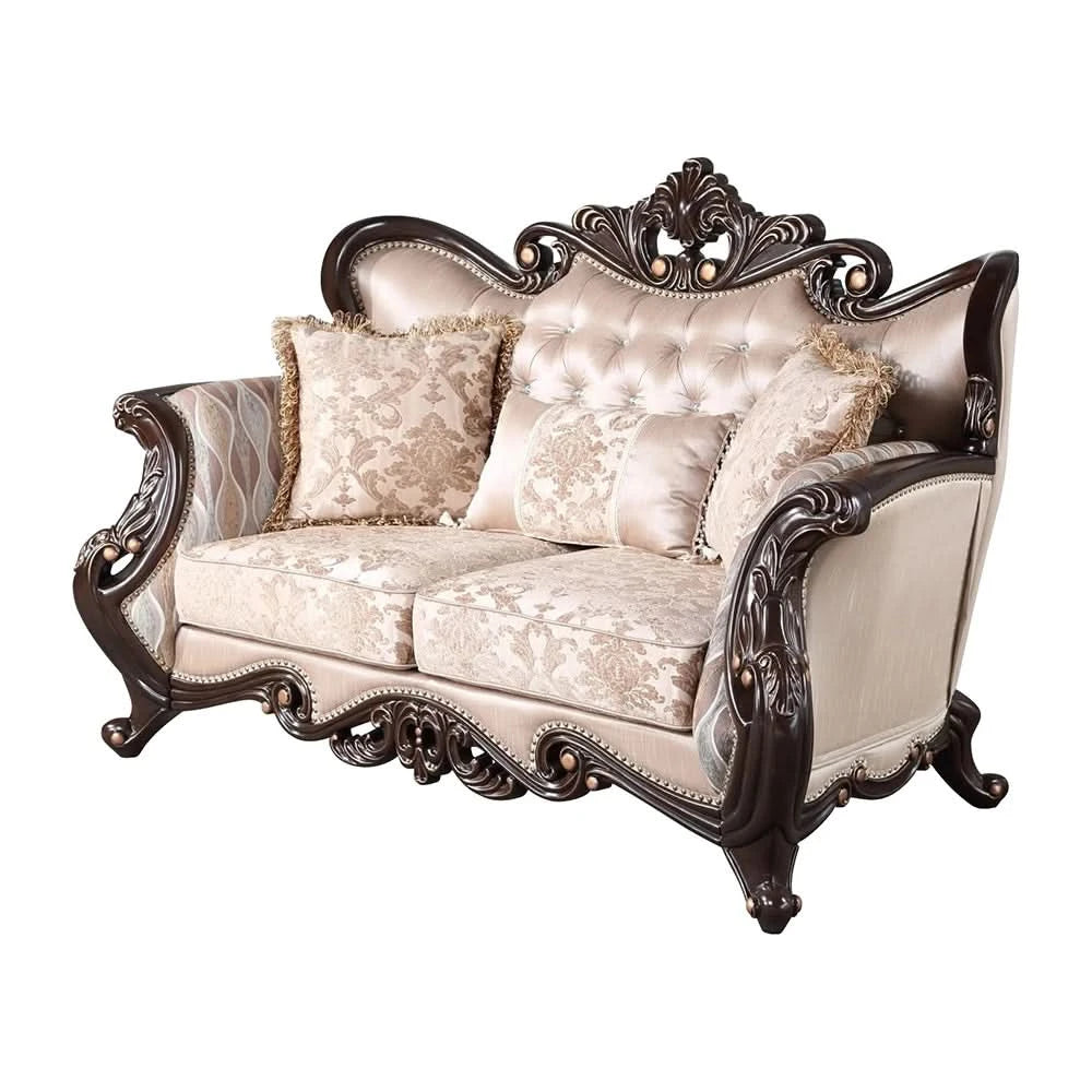 Esther Beige Traditional Loveseat with Ornate Wood Trim and Tufted Back