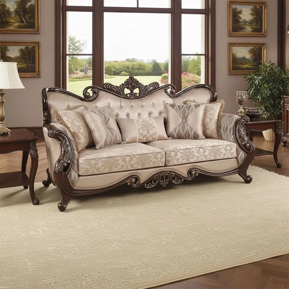 Esther Beige Traditional Sofa and Loveseat Living Room Package with Marble Top Table Set & Rug