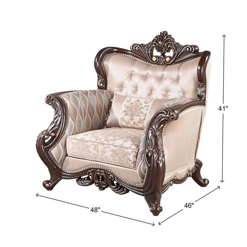 Esther Beige Traditional Accent Chair with Ornate Wood Trim and Tufted Back