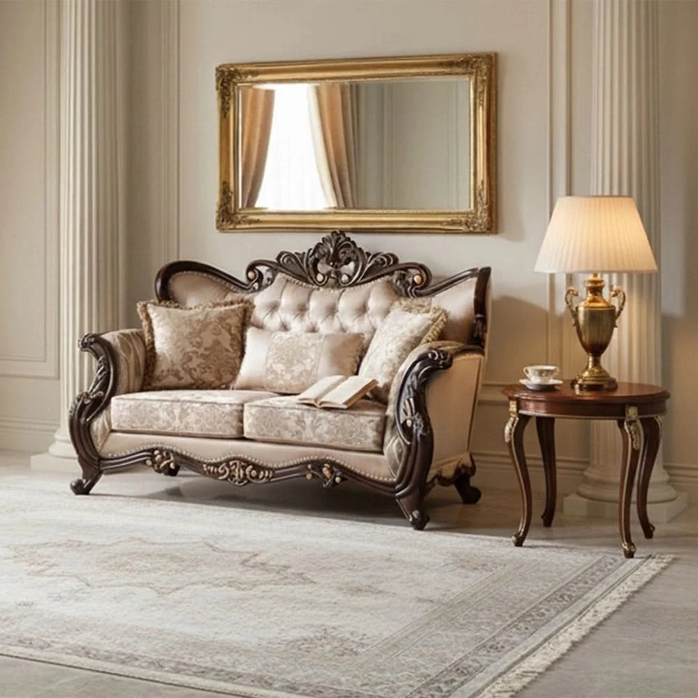 Esther Beige Traditional Loveseat with Ornate Wood Trim and Tufted Back