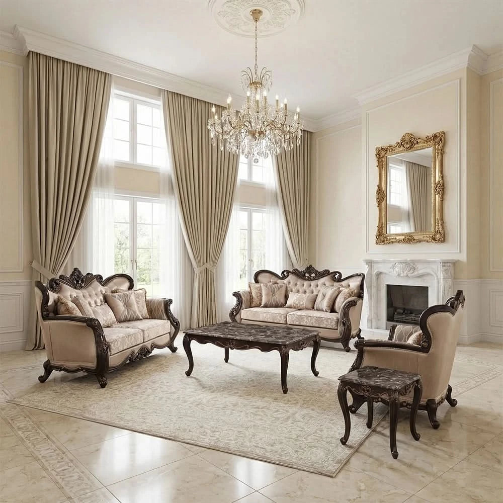 Esther Beige Traditional Sofa and Loveseat Living Room Package with Marble Top Table Set & Rug
