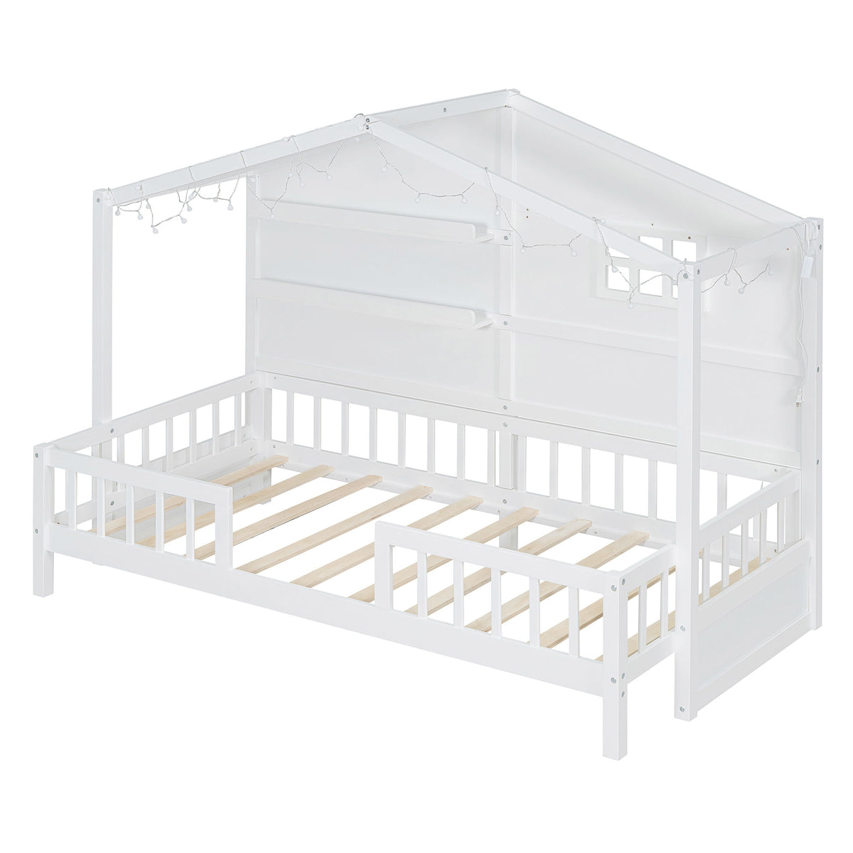 House Bed With Shelves, Window And Sparkling Light Strip On The Roof