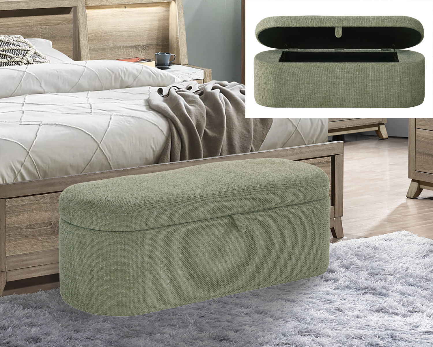 Philipa - Storage Bench - Light Green Tweed