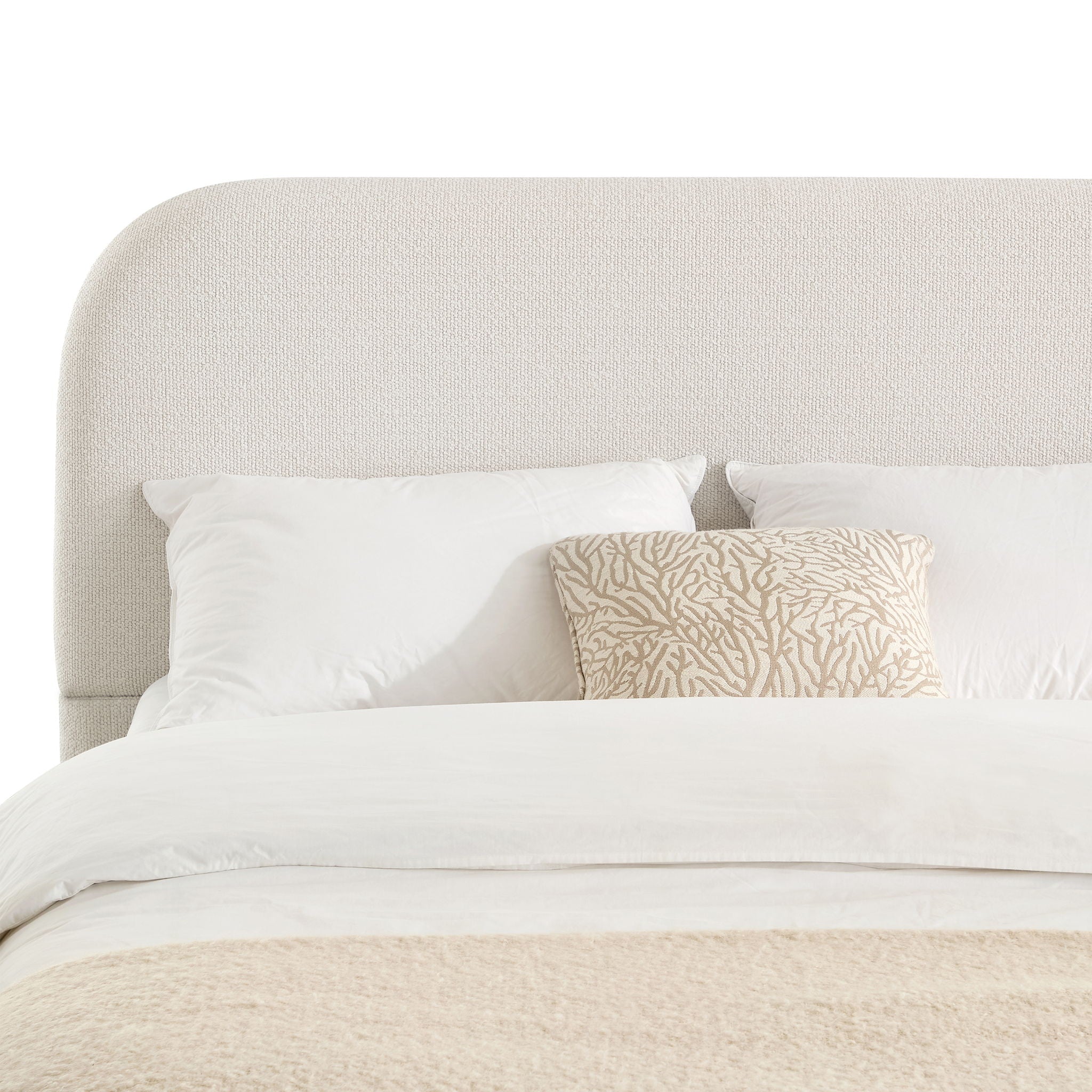 Linton - Queen Size Upholstered Platform Bed - Cream White / Light Grey / Camel Oak