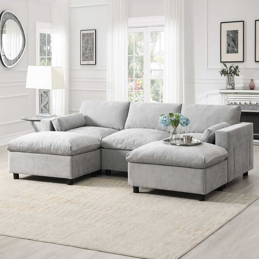 Modular Sectional With Storage Pockets, 5 Seat U Shaped Couch Set With Pillows, Free Combination Modern Cloud Sofa With 2 Movable Ottoman