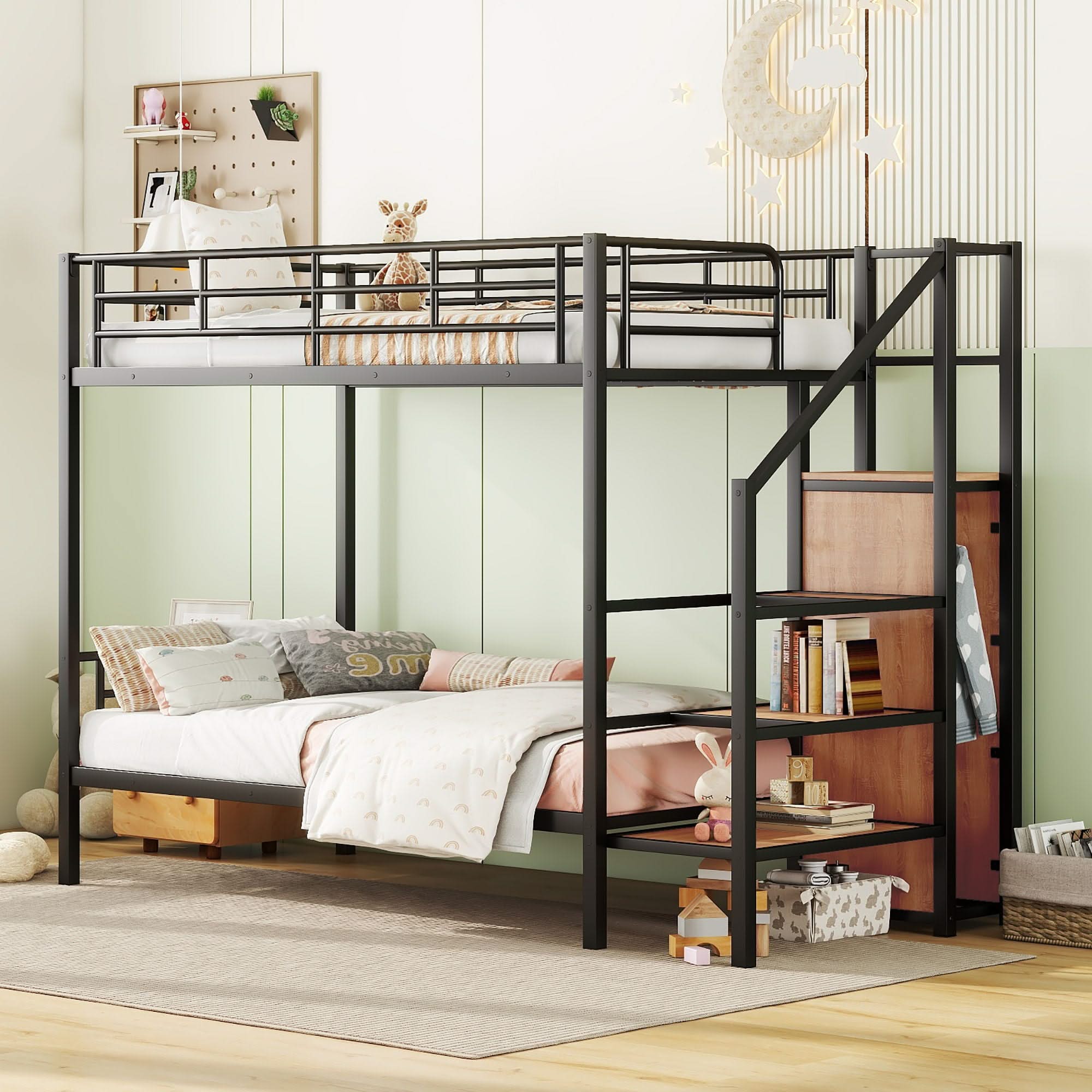 Bunk Bed With Lateral Storage Ladder And Wardrobe
