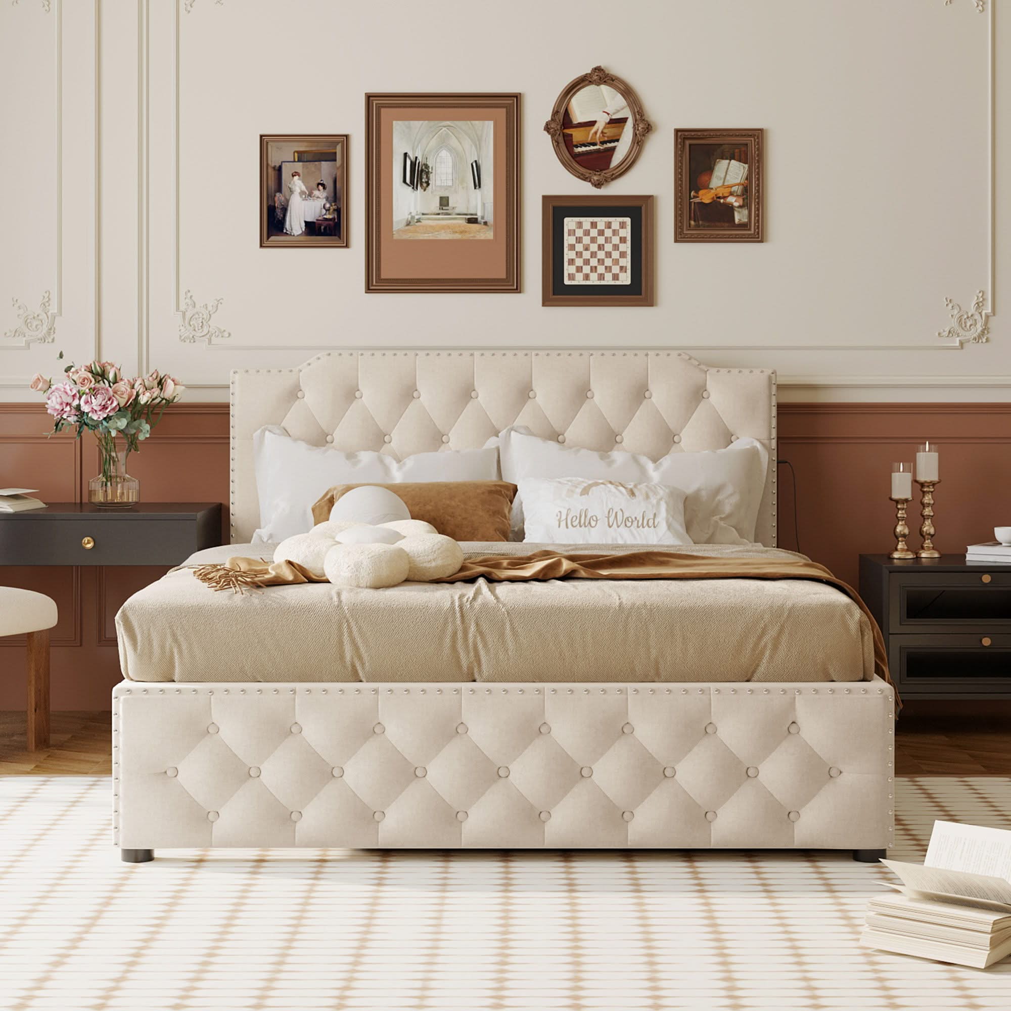 Upholstered Platform Bed With Trundle And 2 Sets Of USB Ports On Each Side, Fabric