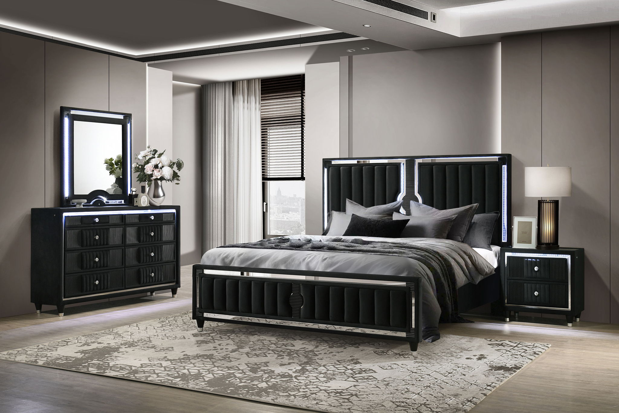 Ravenne 4-piece Velvet Upholstered Queen LED Bedroom Set Black