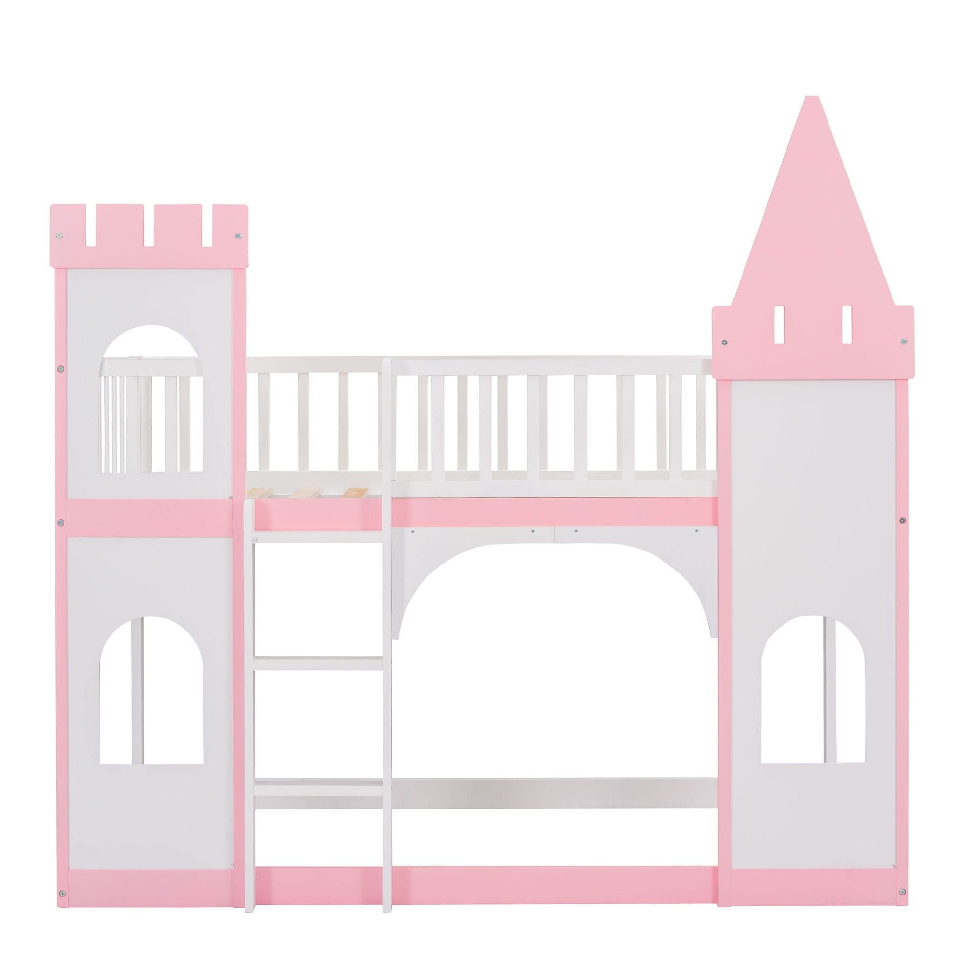 Twin Over Twin Castle Bunk Bed With Ladder - Pink