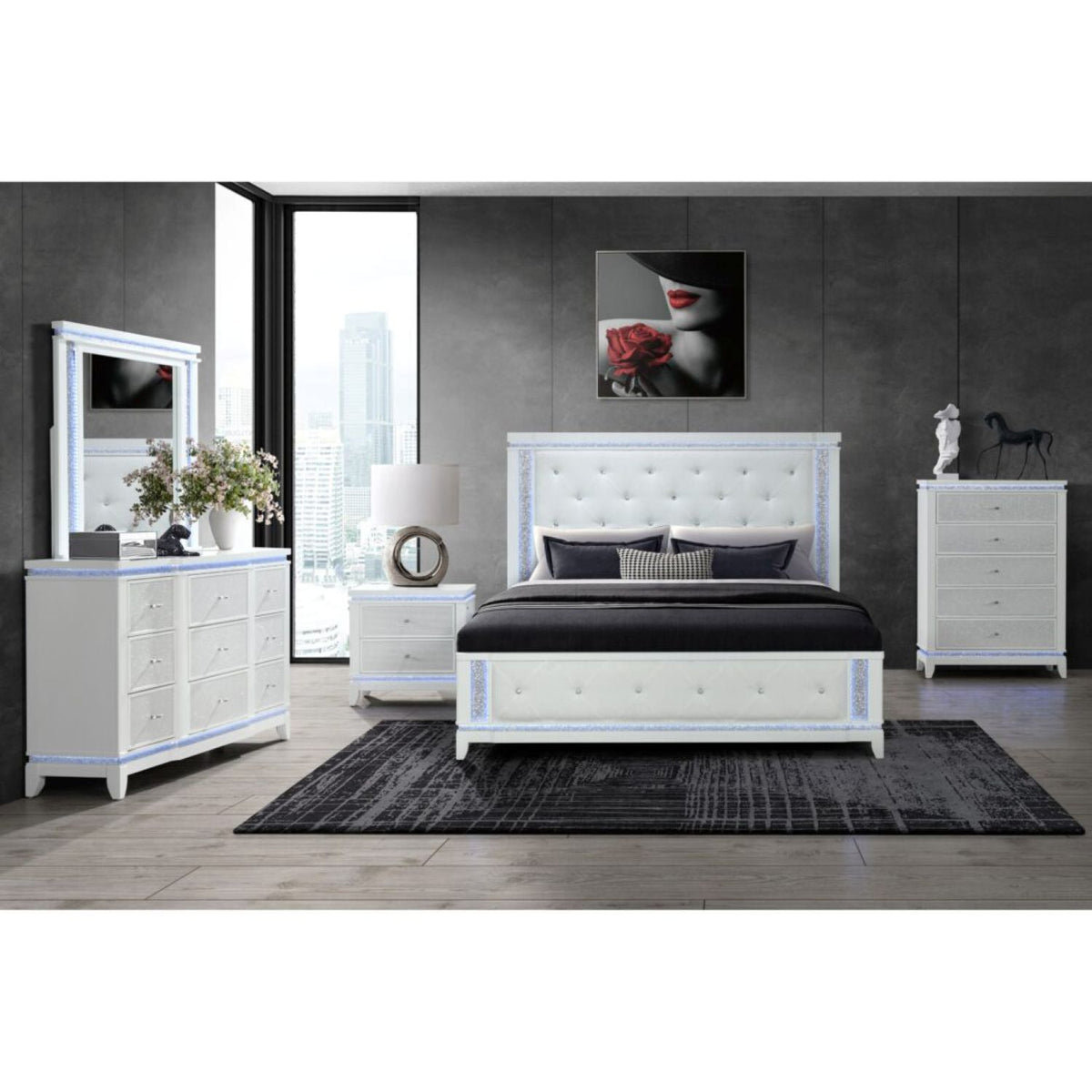 Adalid - Nightstand With Glittered Drawer Front And LED Lighting - White - Exclusive Furniture