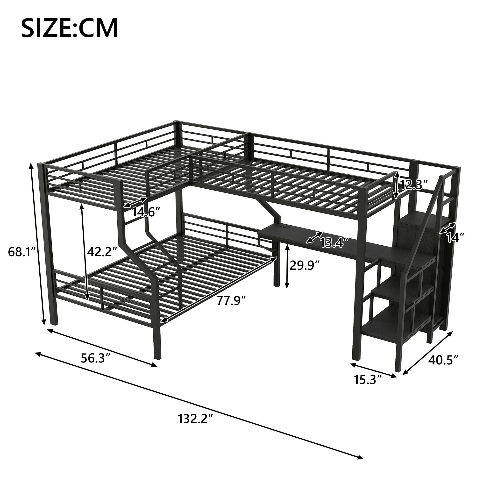 Twin Over Full L Shaped Bunk & Loft Bed With Built-In Wardrobe, Desk, And USB Ports - Black