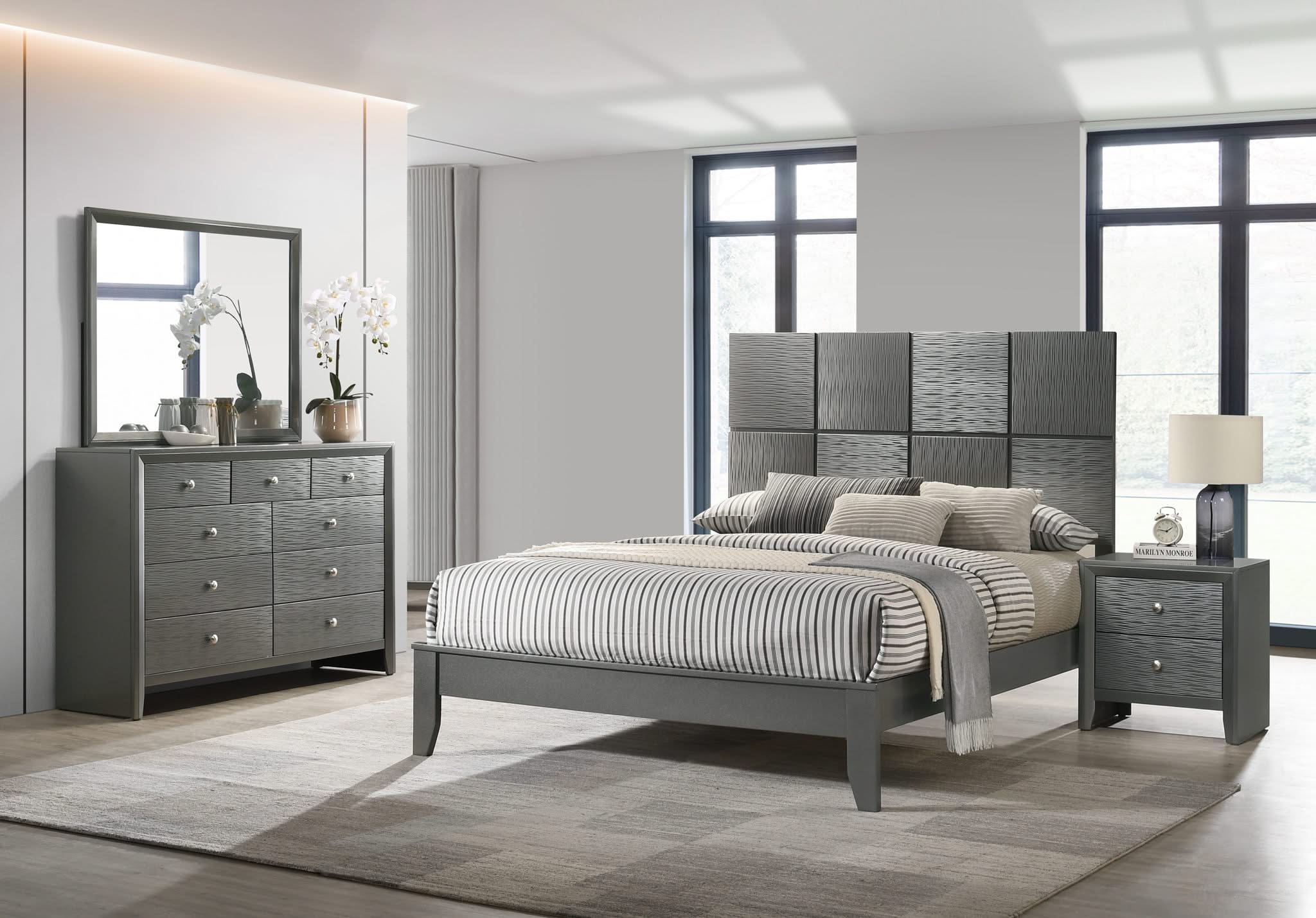 Denker - King 4 Piece Bedroom Set - Gun Metal