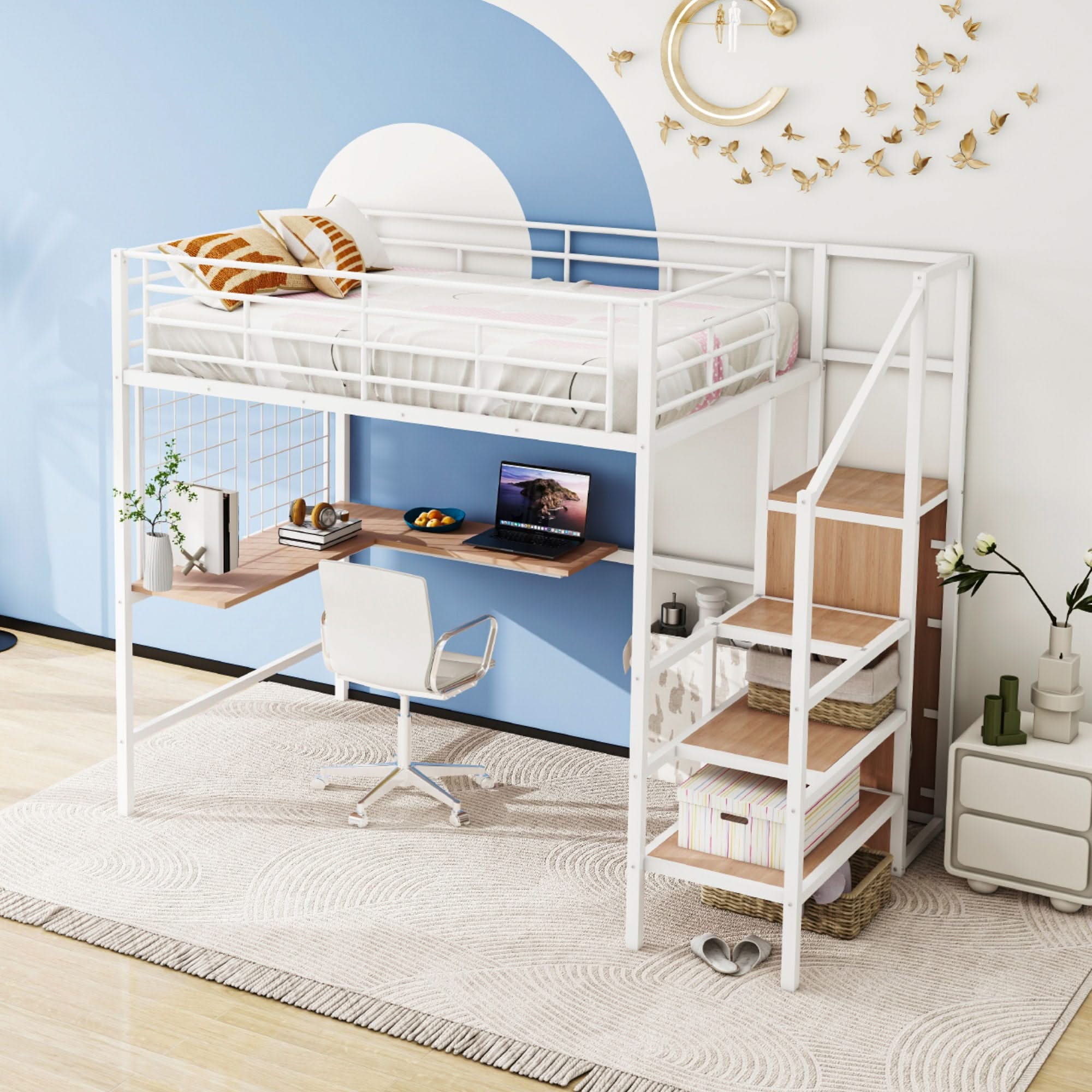 Loft Bed With Desk And Grid, Stylish Frame With Lateral Storage Ladder And Wardrobe