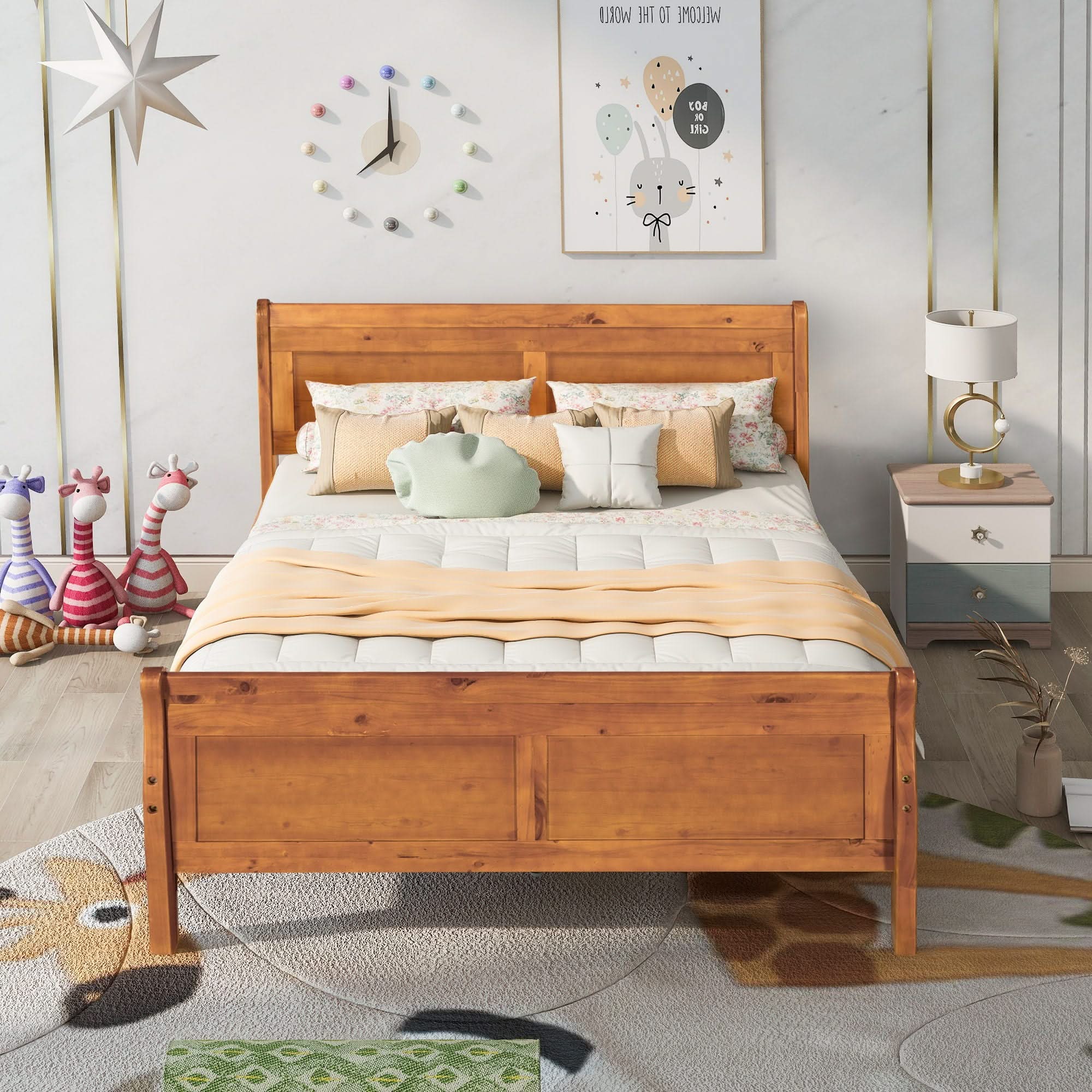 Platform Bed Frame Mattress Foundation Sleigh Bed With Headboard / Footboard / Wood Slat Suppor