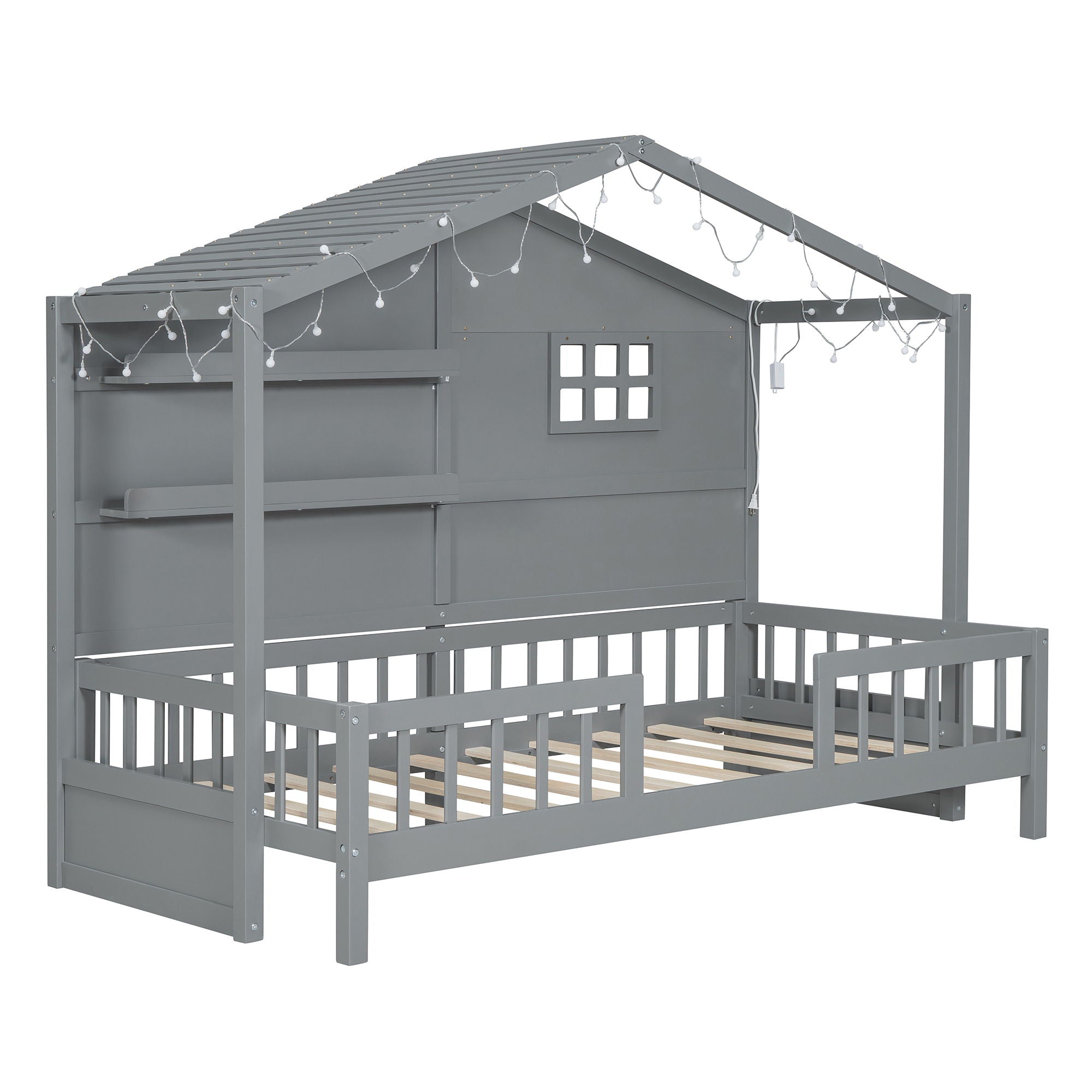 House Bed With Shelves, Window And Sparkling Light Strip On The Roof