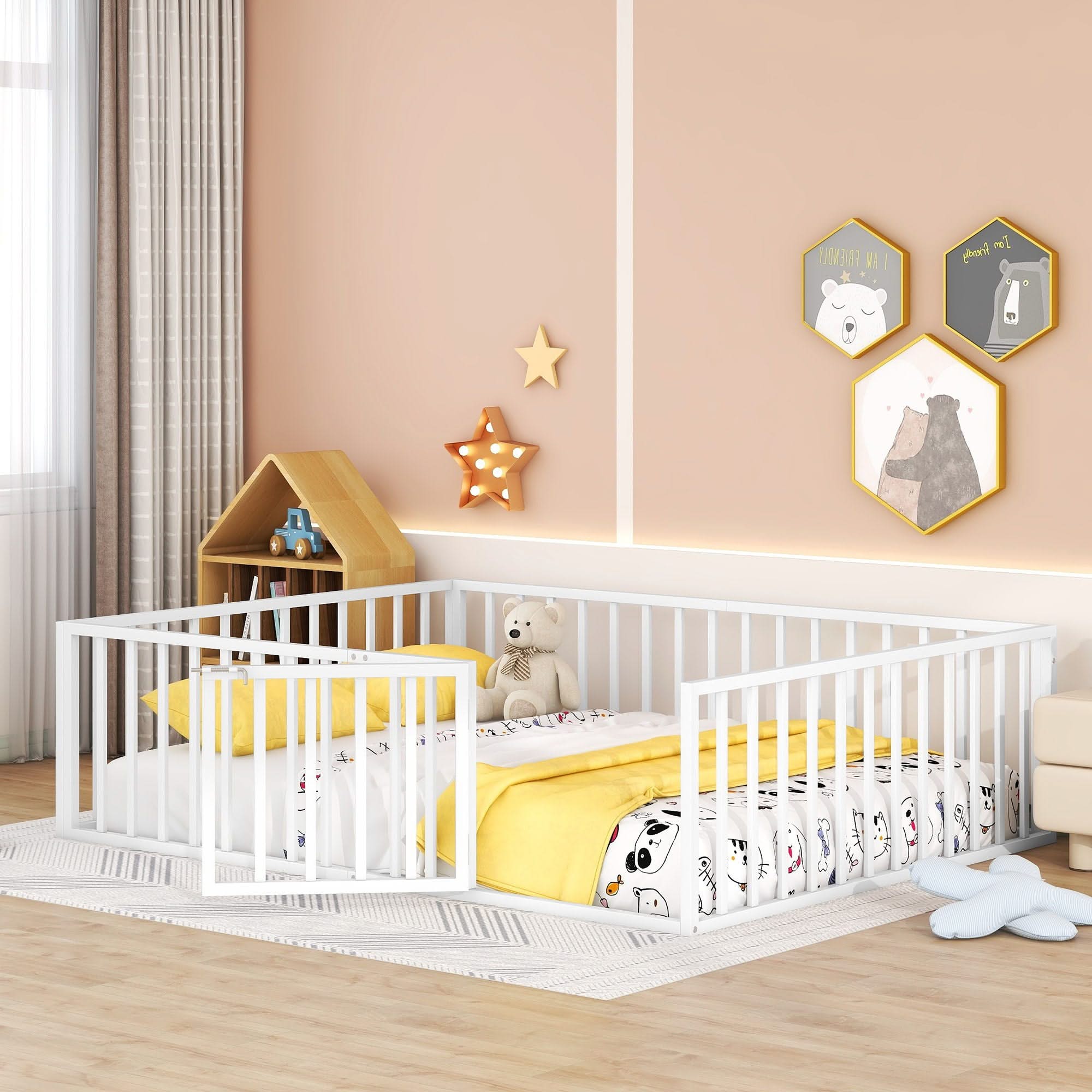 Metal Floor Bed Frame With Fence And Door