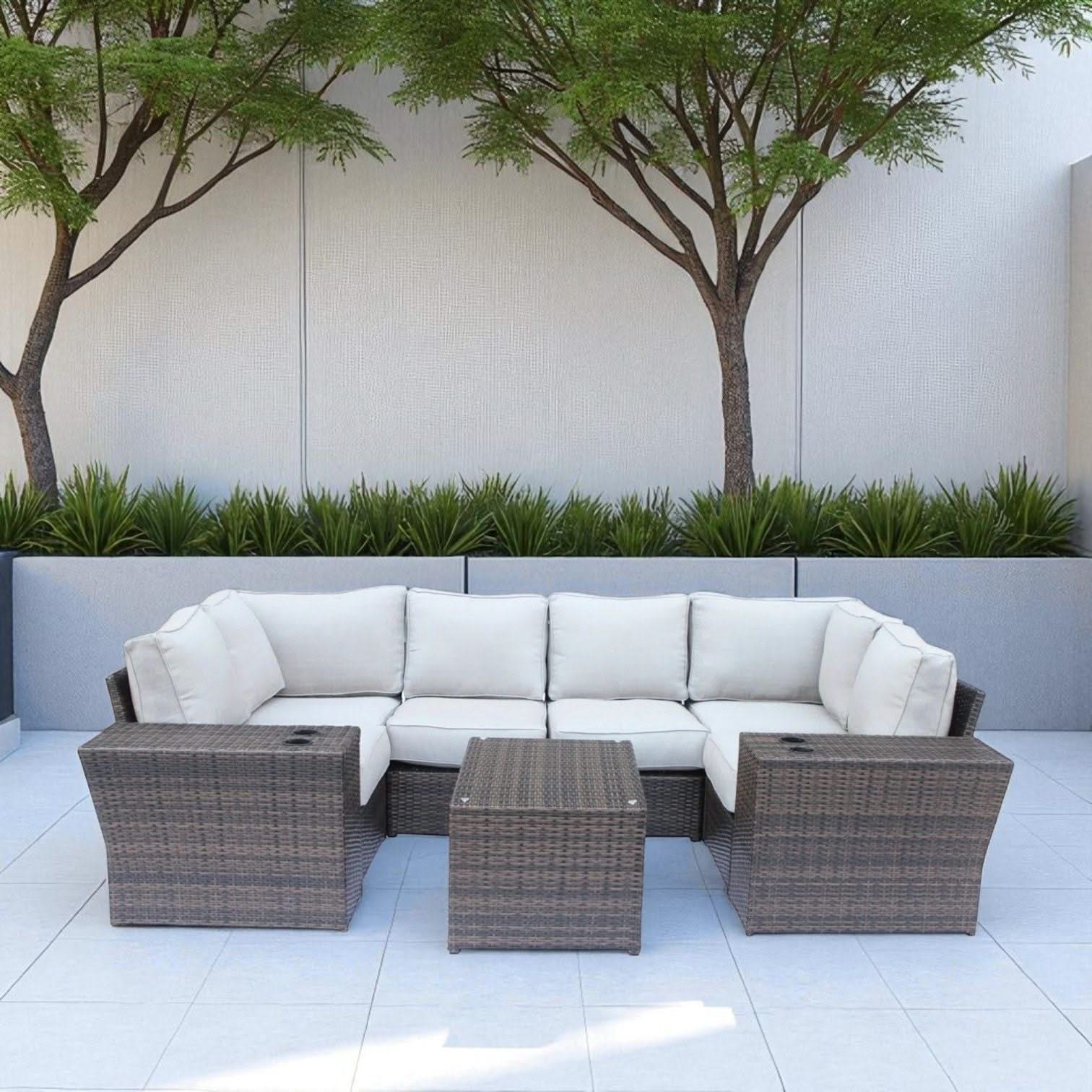Outdoor Wicker Sectional With Weather Resistant Cushions And Table