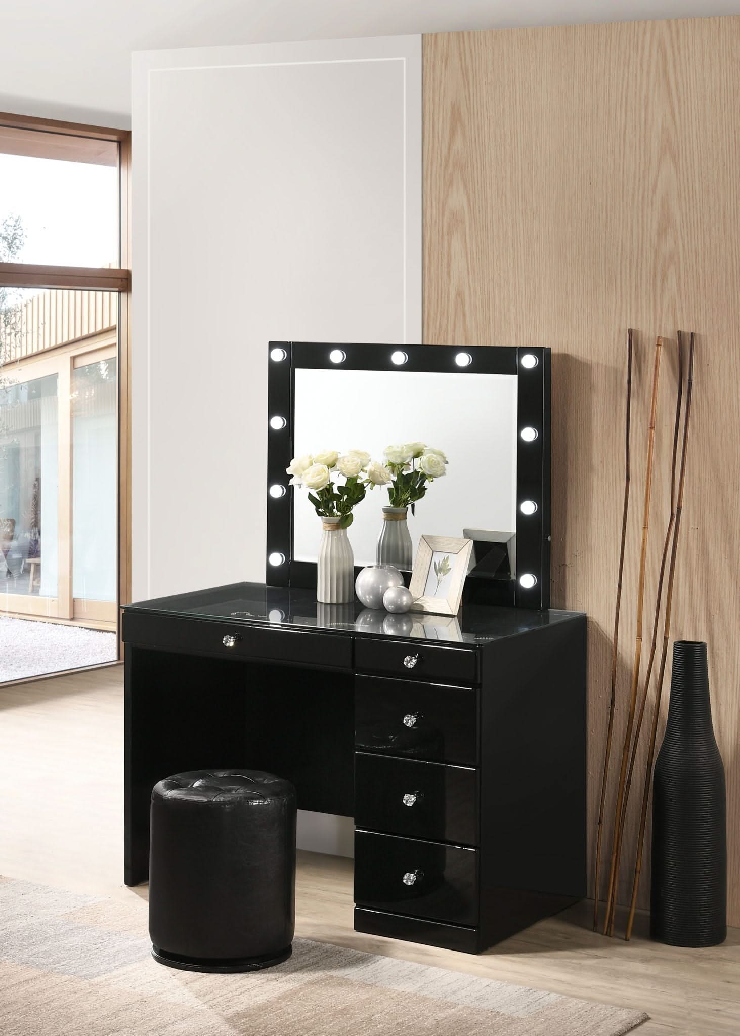 Morgan - Vanity Desk With Glass Top And LED Mirror - Black