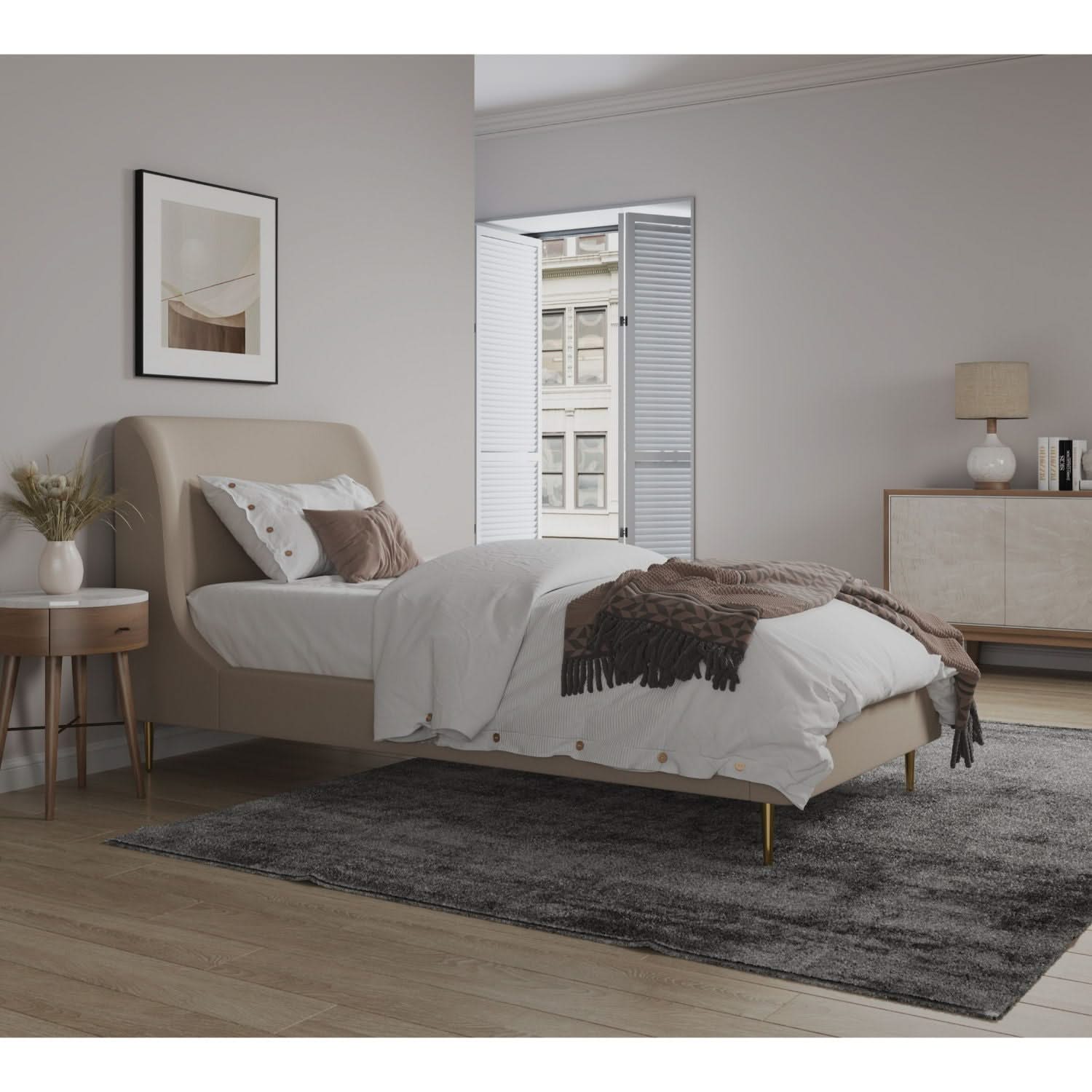 Mid-Century Modern Upholstered Bed With Curved Headboard