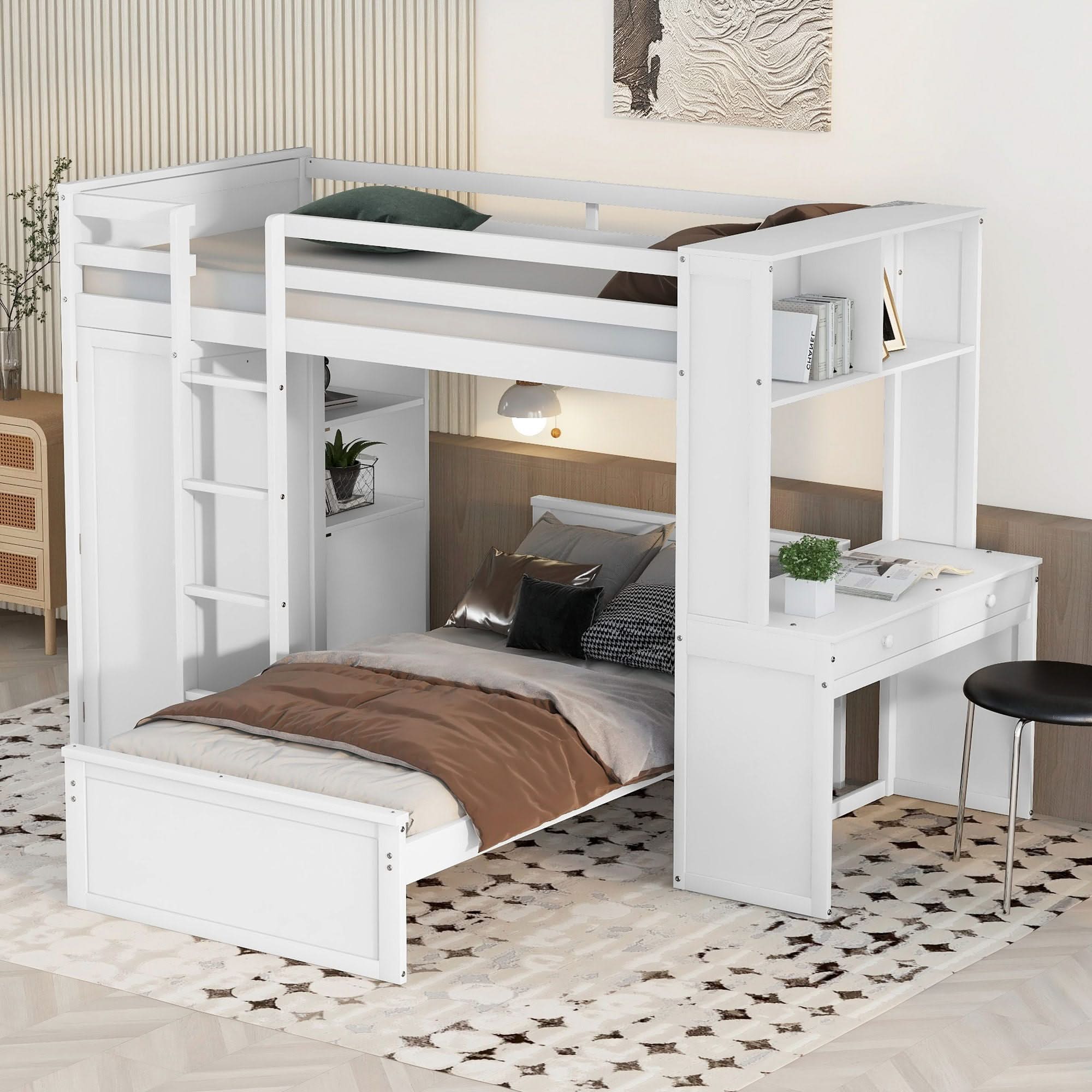 Loft Bed With A Stand Alone Bed, Shelves, Desk, And Wardrobe