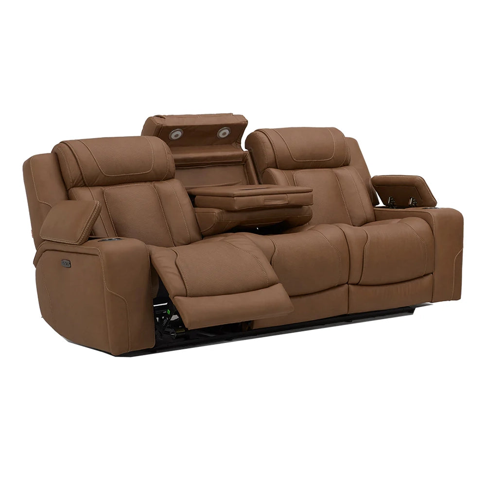 1ST Class Brown Leather Zero Gravity Dual Power Reclining Sofa with Storage Consoles, Center Dropdown Table, and USB Ports