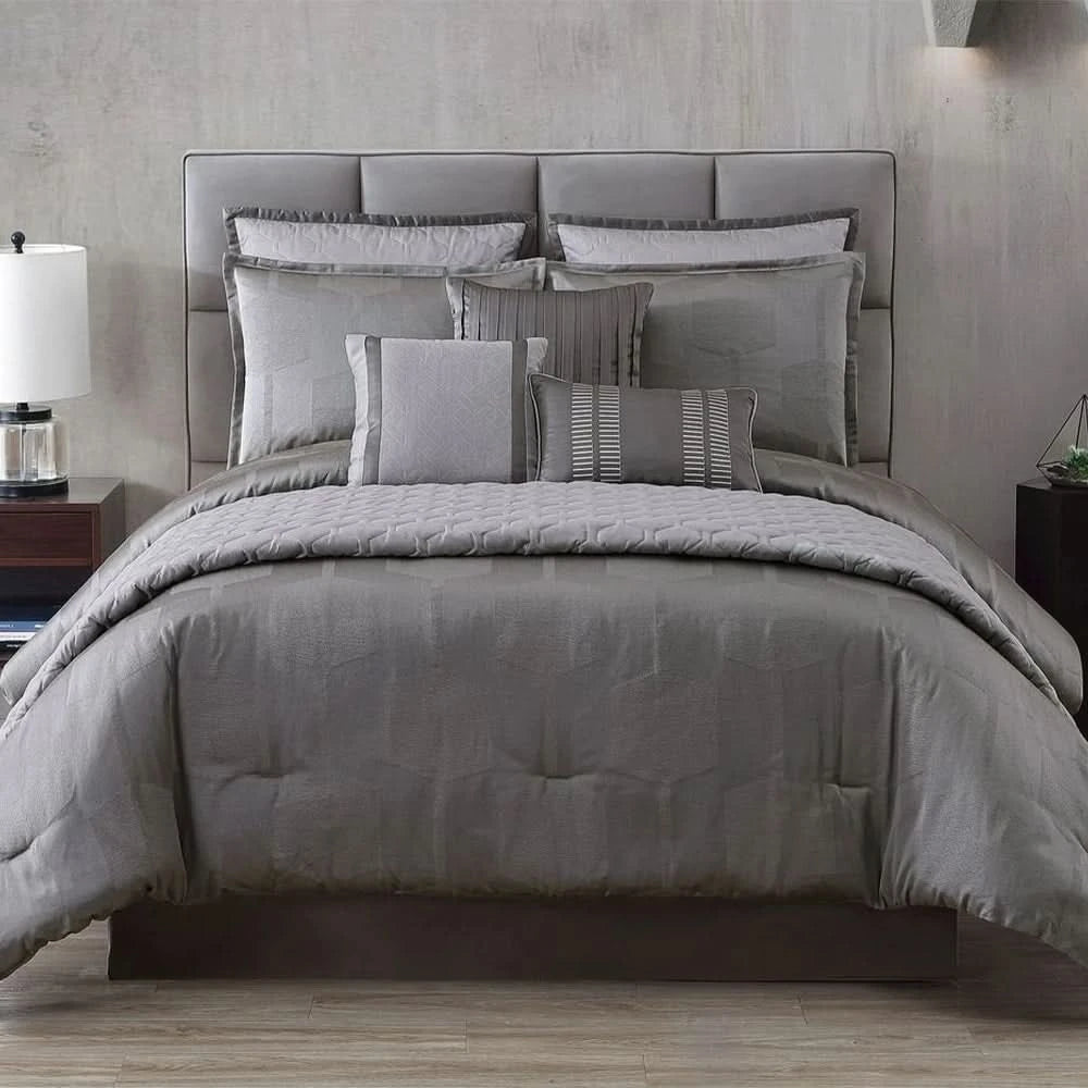 Garian Gray/Silver Queen or King 10PC Comforter Set with Coverlet & Decorative Pillows