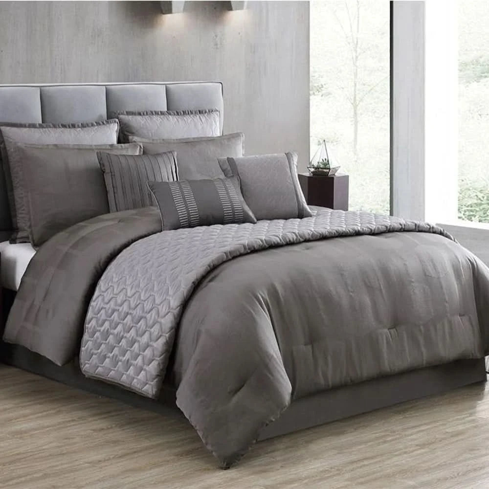 Garian Gray/Silver Queen or King 10PC Comforter Set with Coverlet & Decorative Pillows