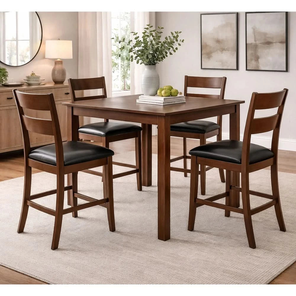 Gunner Brown 5-Piece Counter Height Dining Set with Wood Finish and Cushioned Seats