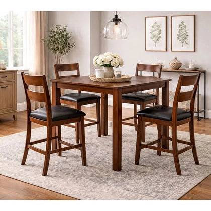 Gunner Brown 5-Piece Rectangular Counter Height Dining Set with Wood Finish and Cushioned Seats