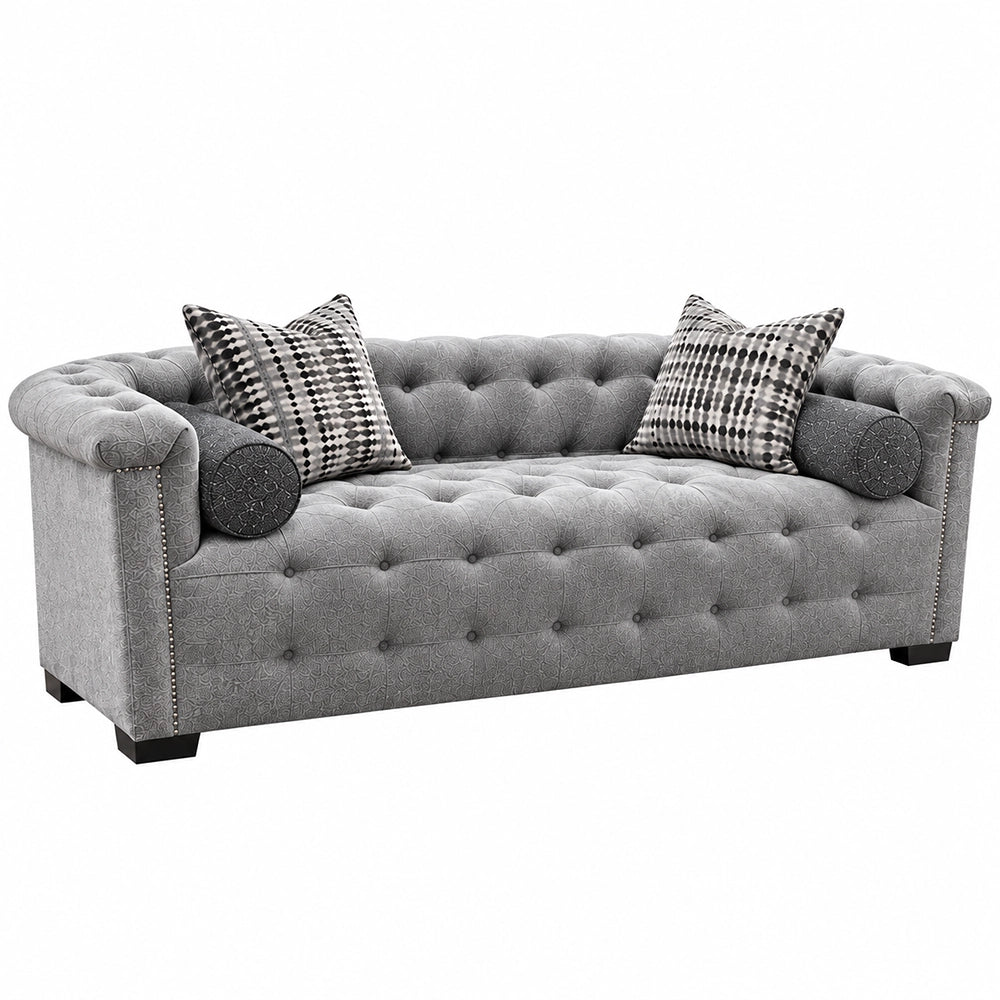 Harper Tufted Sofa in Textured Gray with Designer Accent Pillows