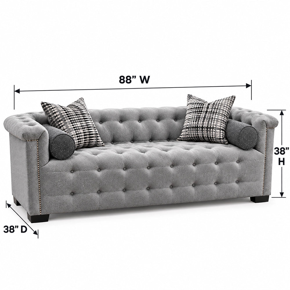 Harper Tufted Sofa in Textured Gray with Designer Accent Pillows