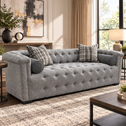 Harper Tufted Sofa in Textured Gray with Designer Accent Pillows