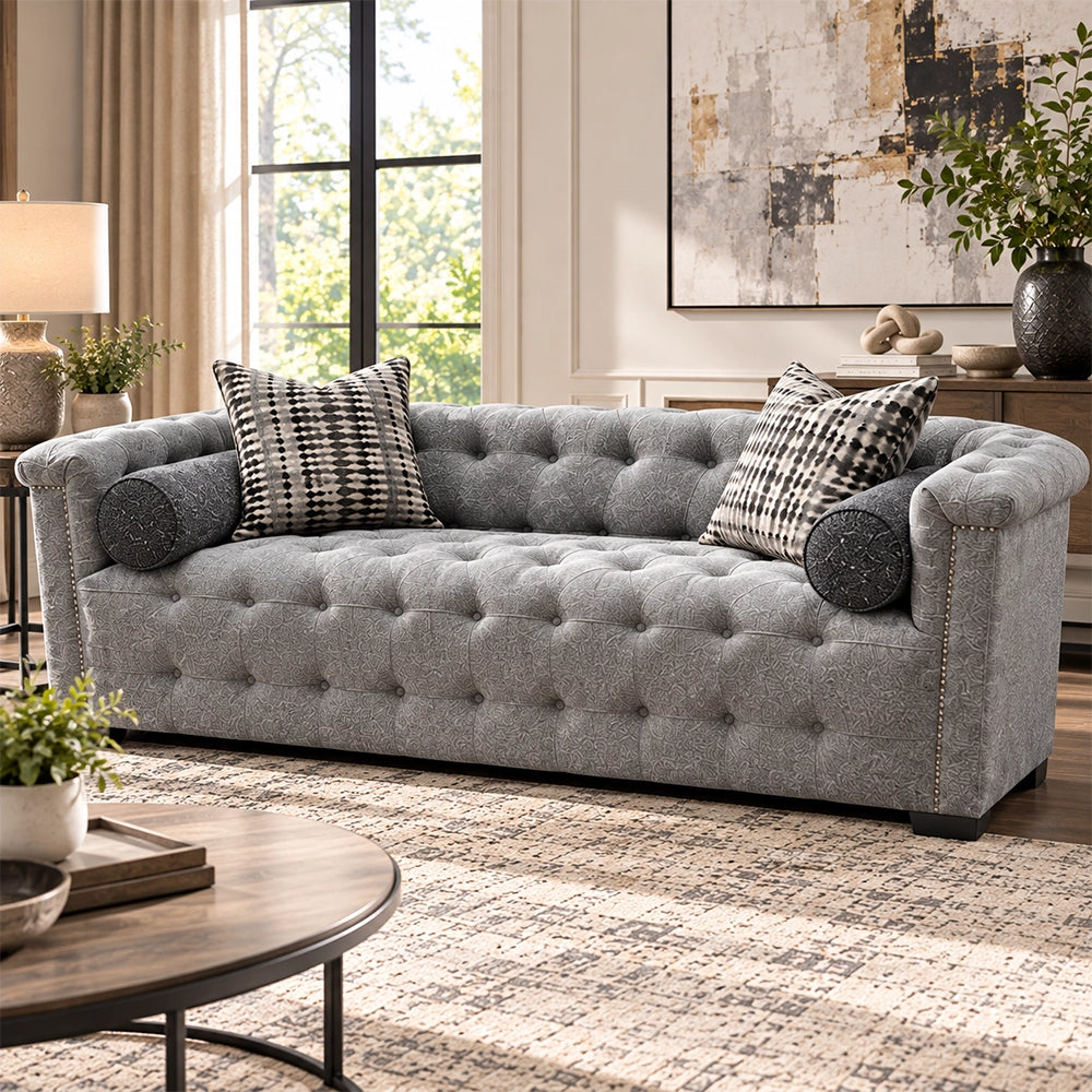 Harper Tufted Sofa in Textured Gray with Designer Accent Pillows