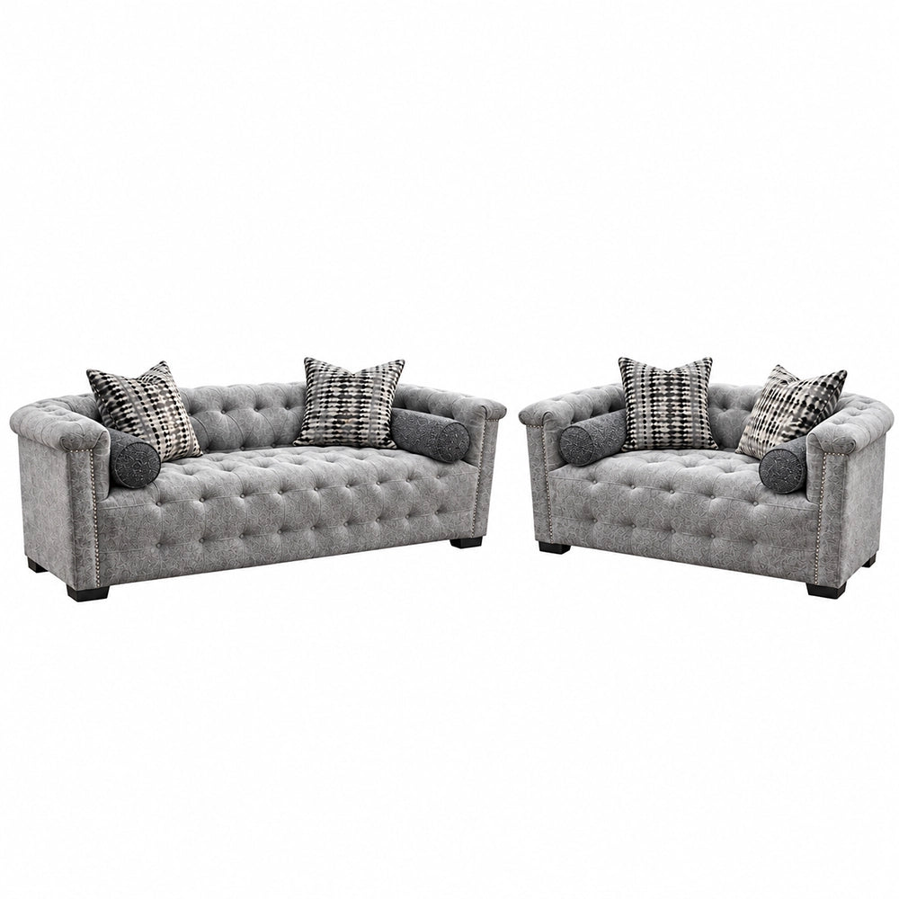 Harper Tufted Sofa in Textured Gray with Designer Accent Pillows