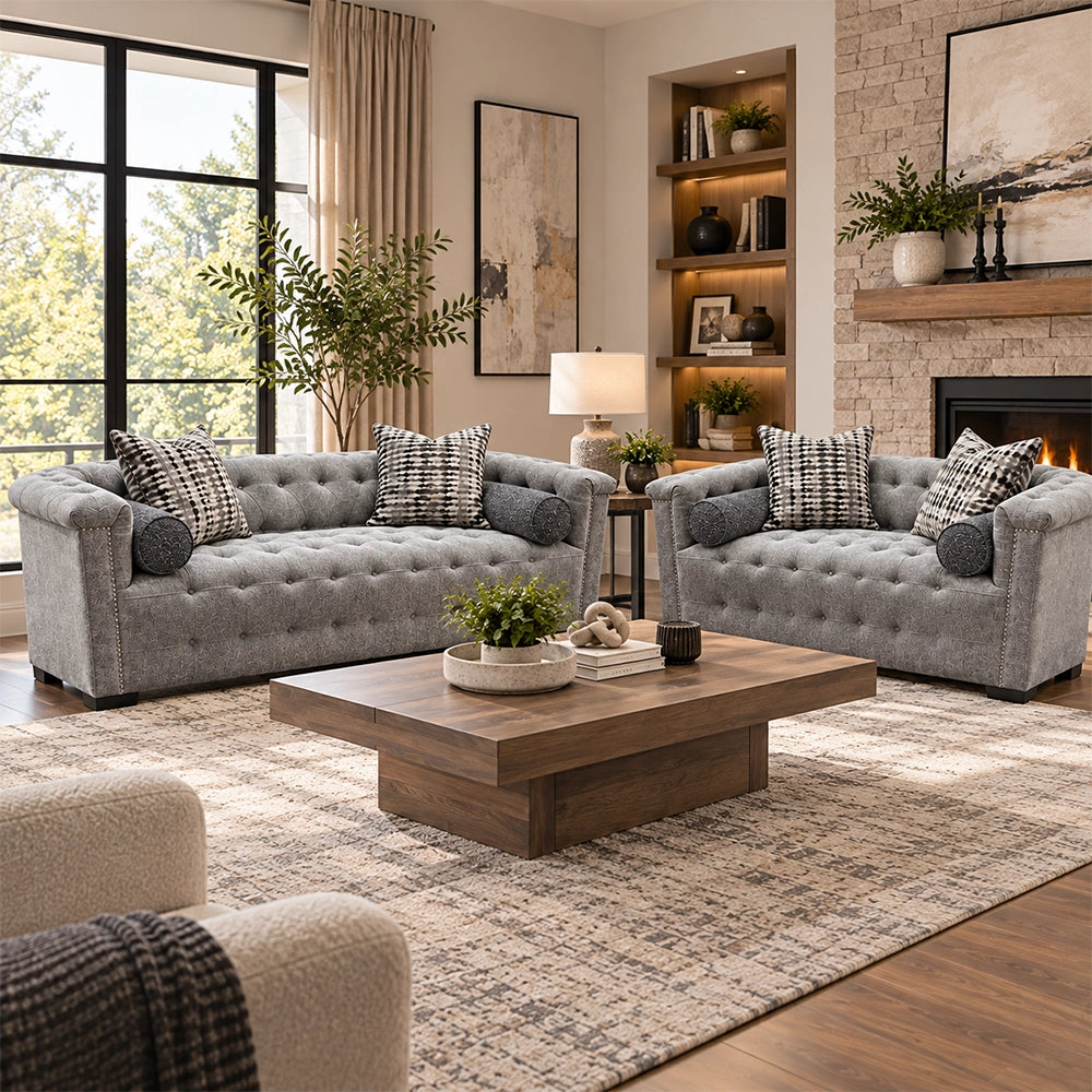 Harper Tufted Sofa in Textured Gray with Designer Accent Pillows