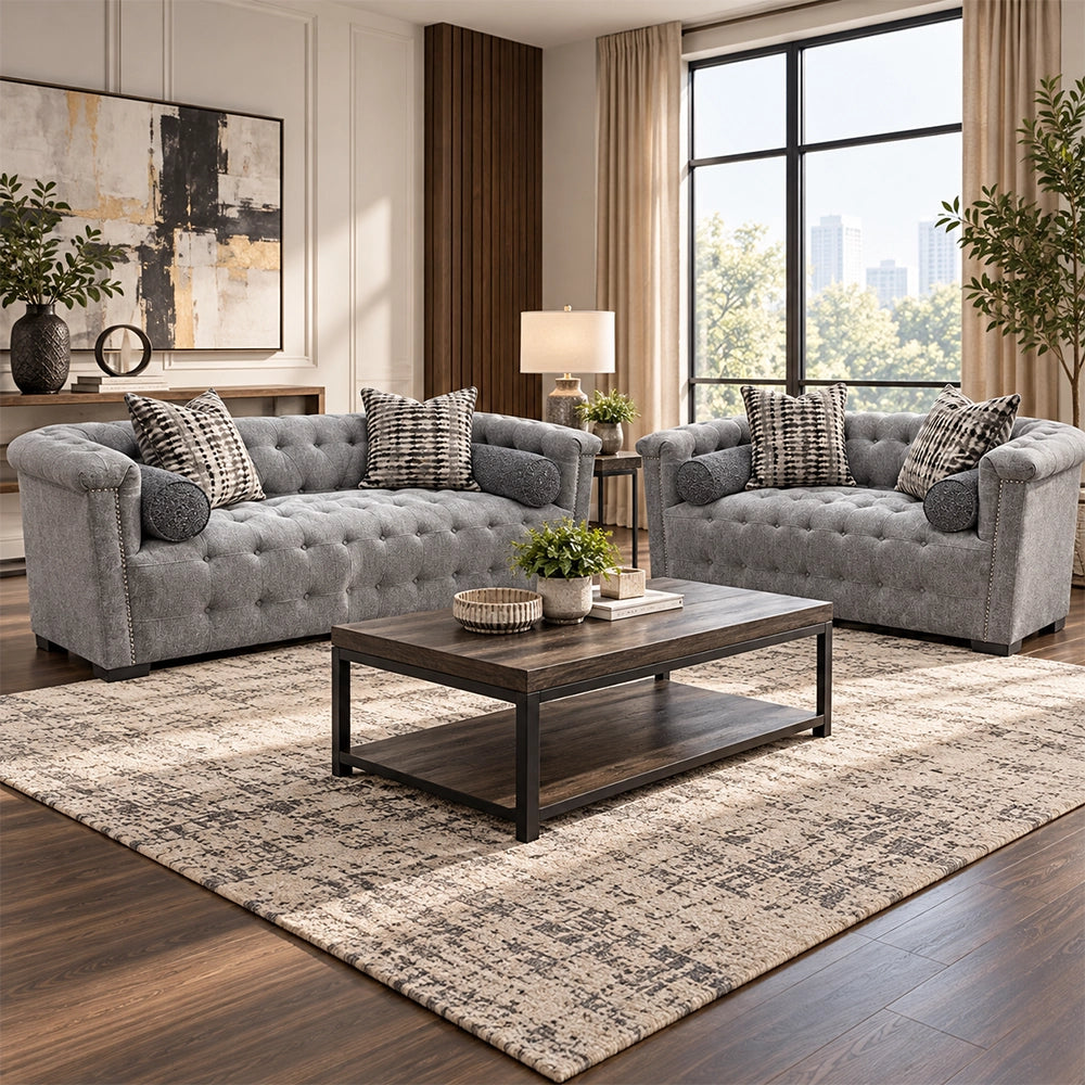Harper Tufted Sofa in Textured Gray with Designer Accent Pillows